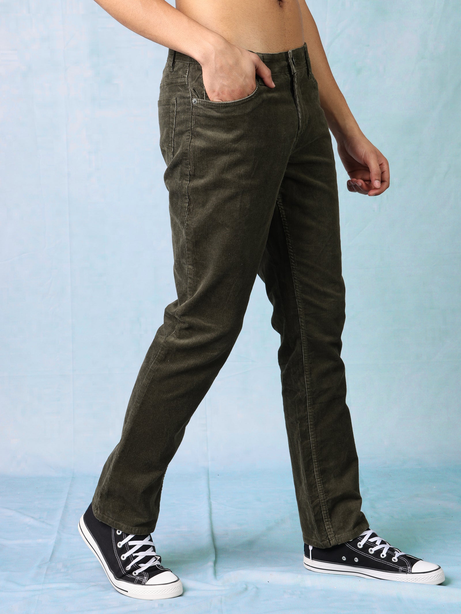 Men Green Cordury Straight Fit Trouser