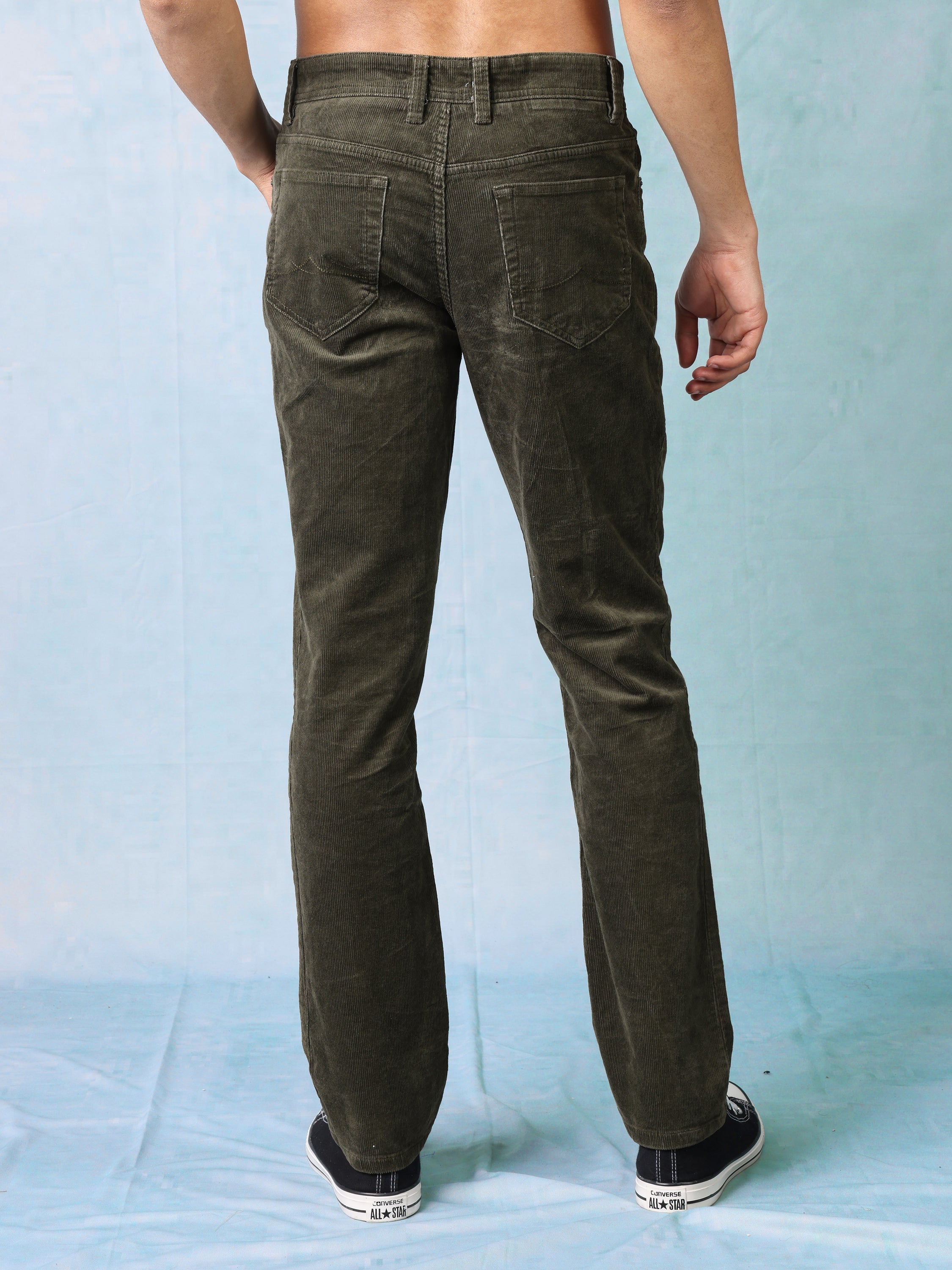 Men Green Cordury Straight Fit Trouser