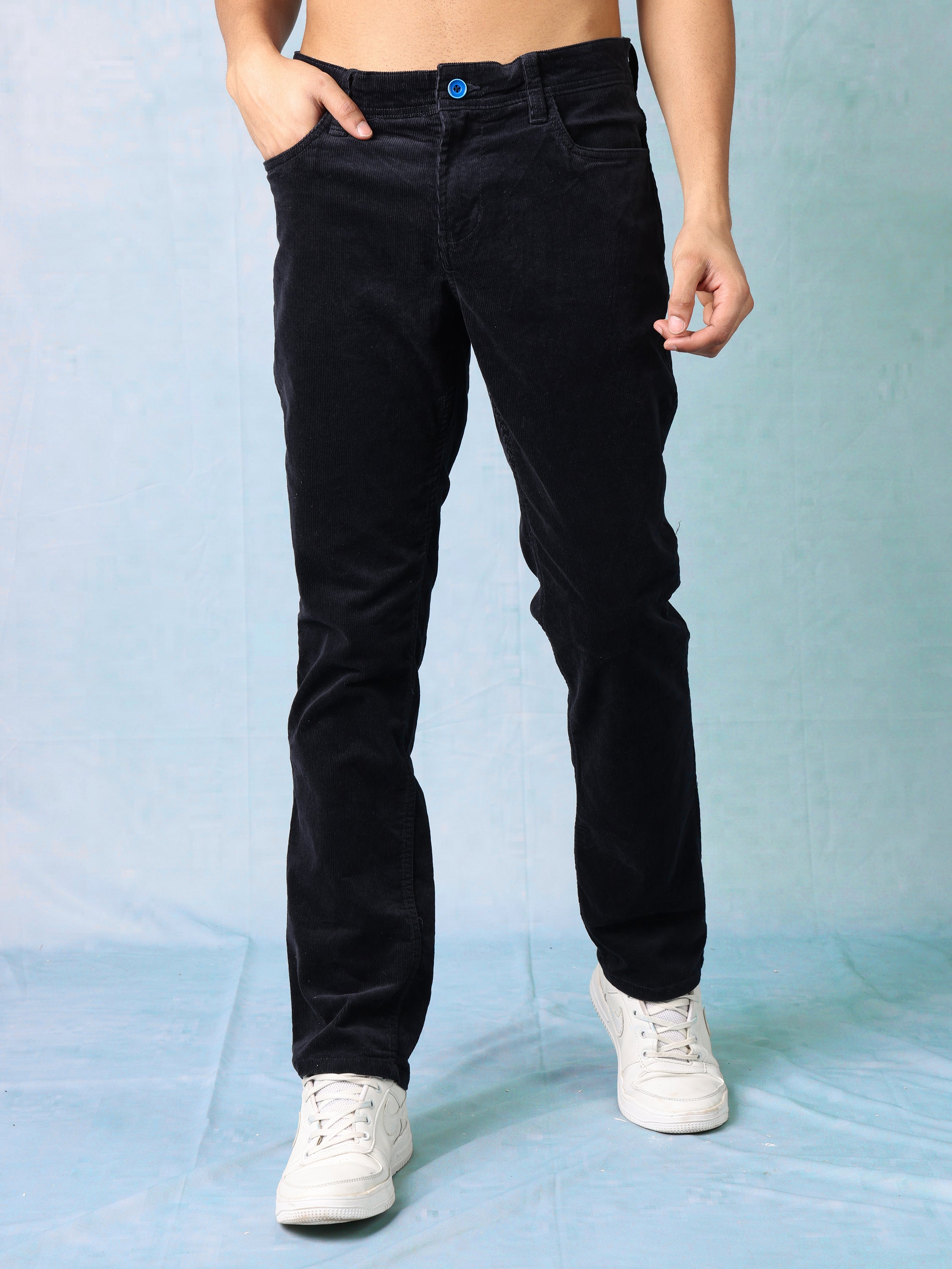 Men Black Cordury Straight Fit Trouser