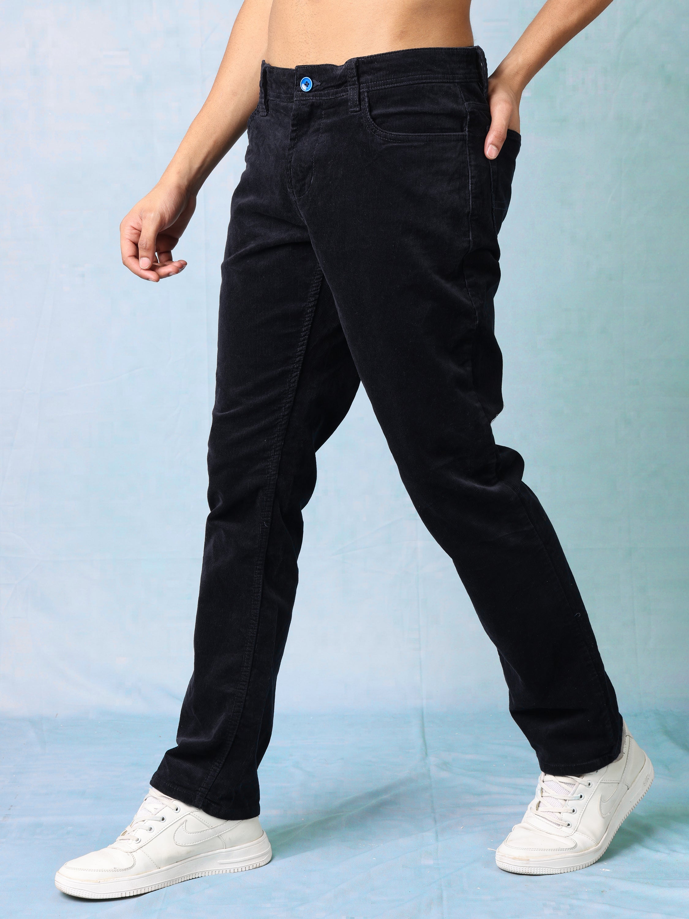 Men Black Cordury Straight Fit Trouser