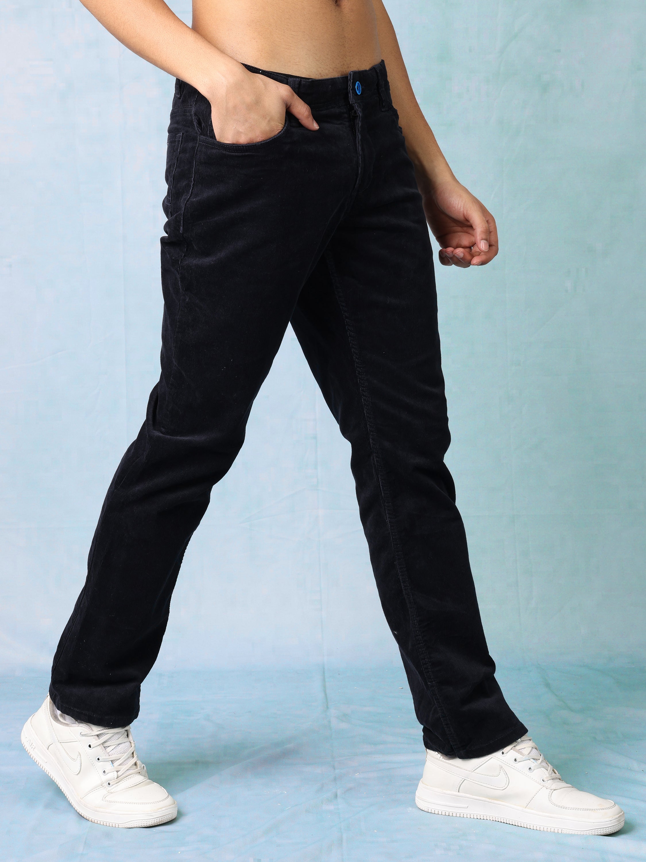 Men Black Cordury Straight Fit Trouser