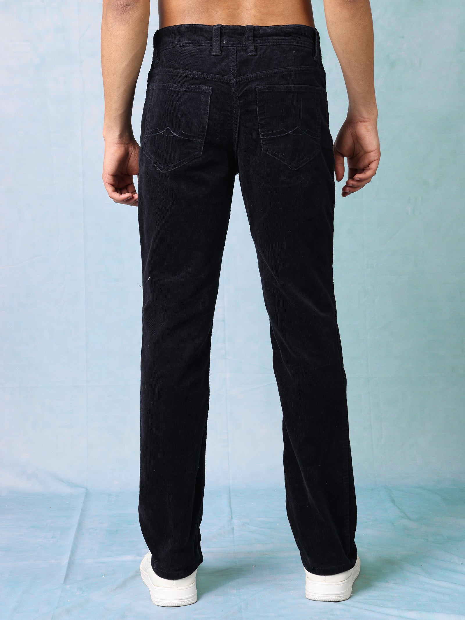 Men Black Cordury Straight Fit Trouser