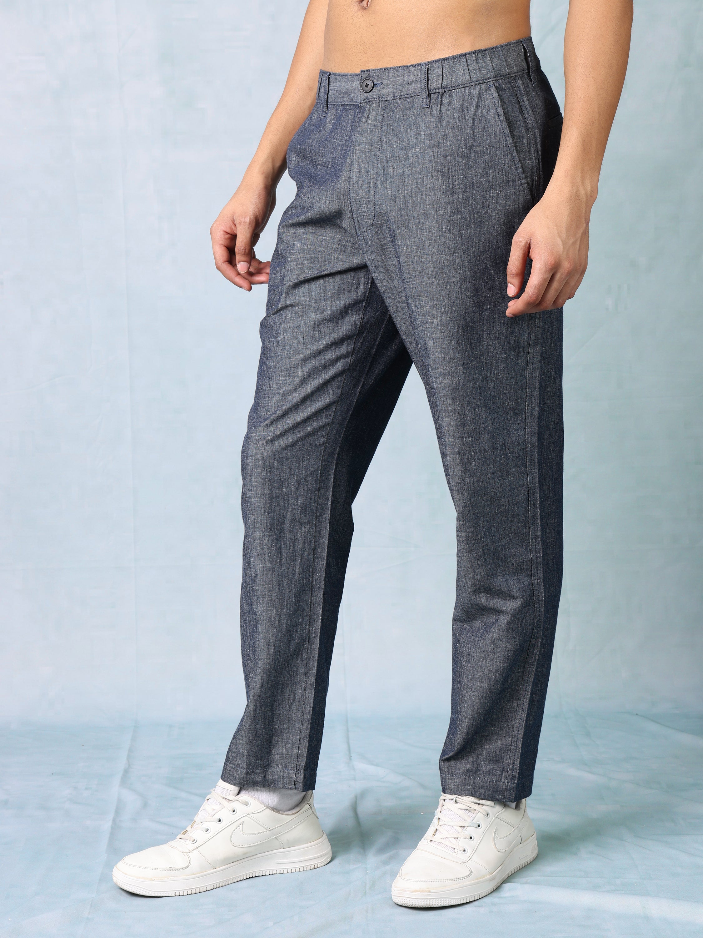 Men Chambray Blue Comfort Fit Pants