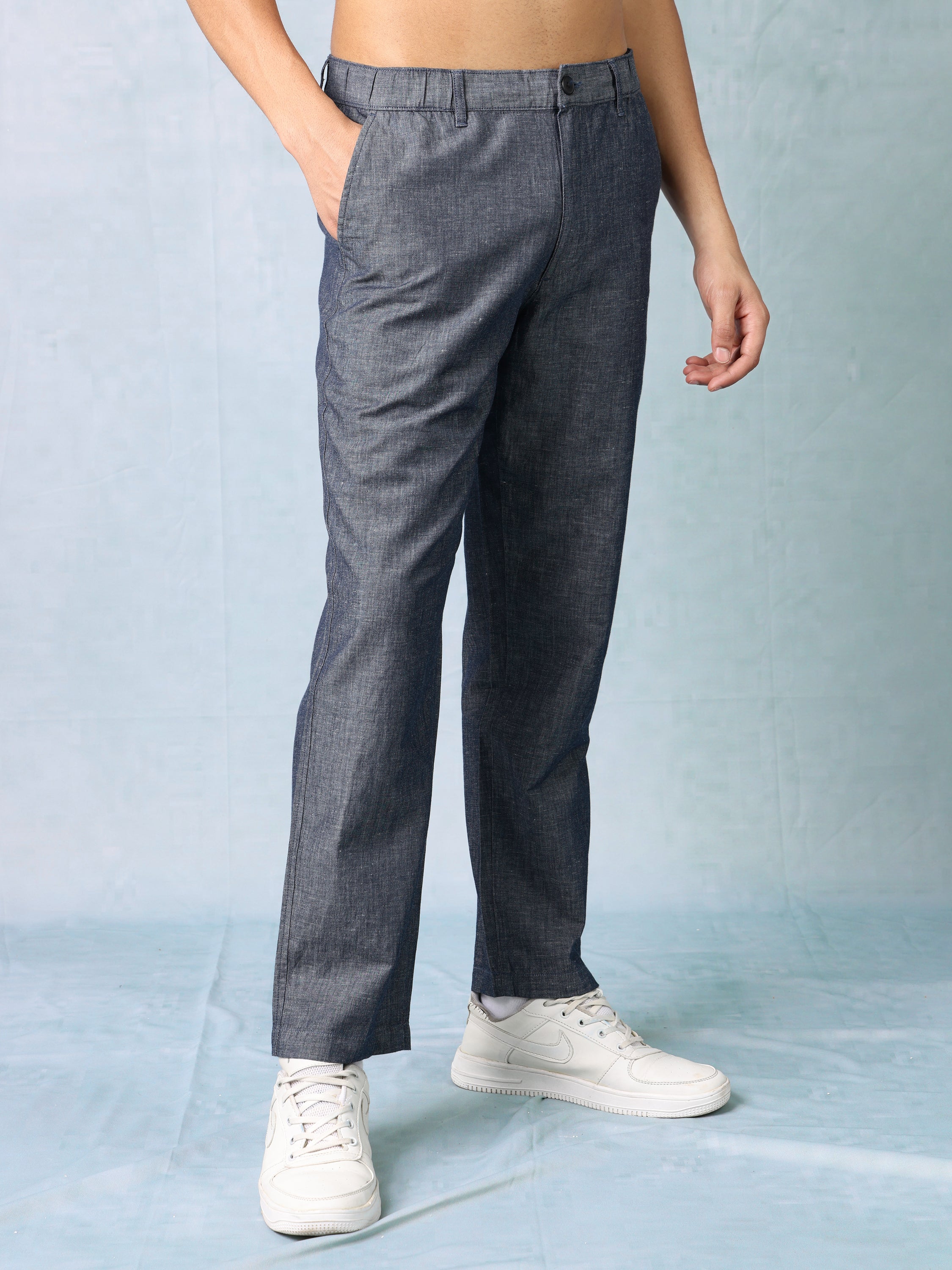 Men Chambray Blue Comfort Fit Pants