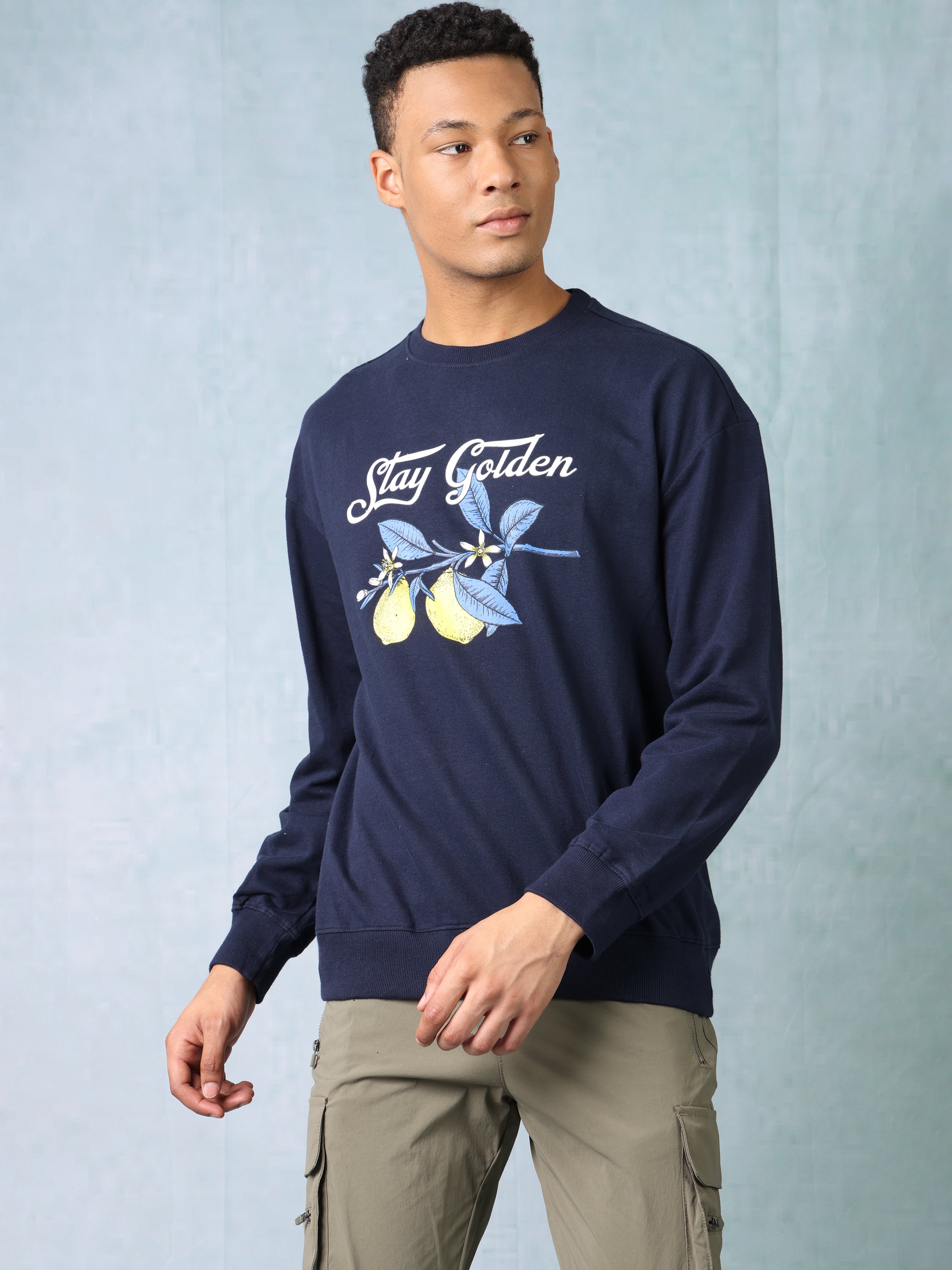 Men Navy Blue Oversized printed sweatshirt