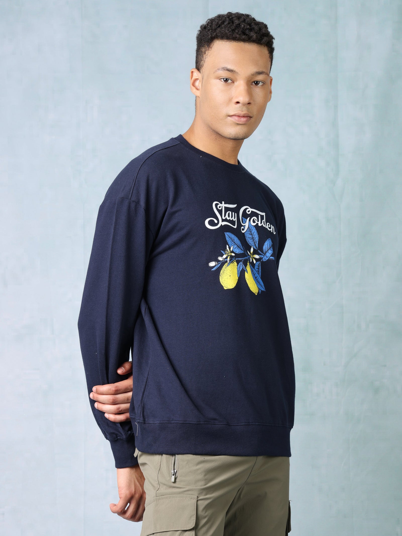 Men Navy Blue Oversized printed sweatshirt