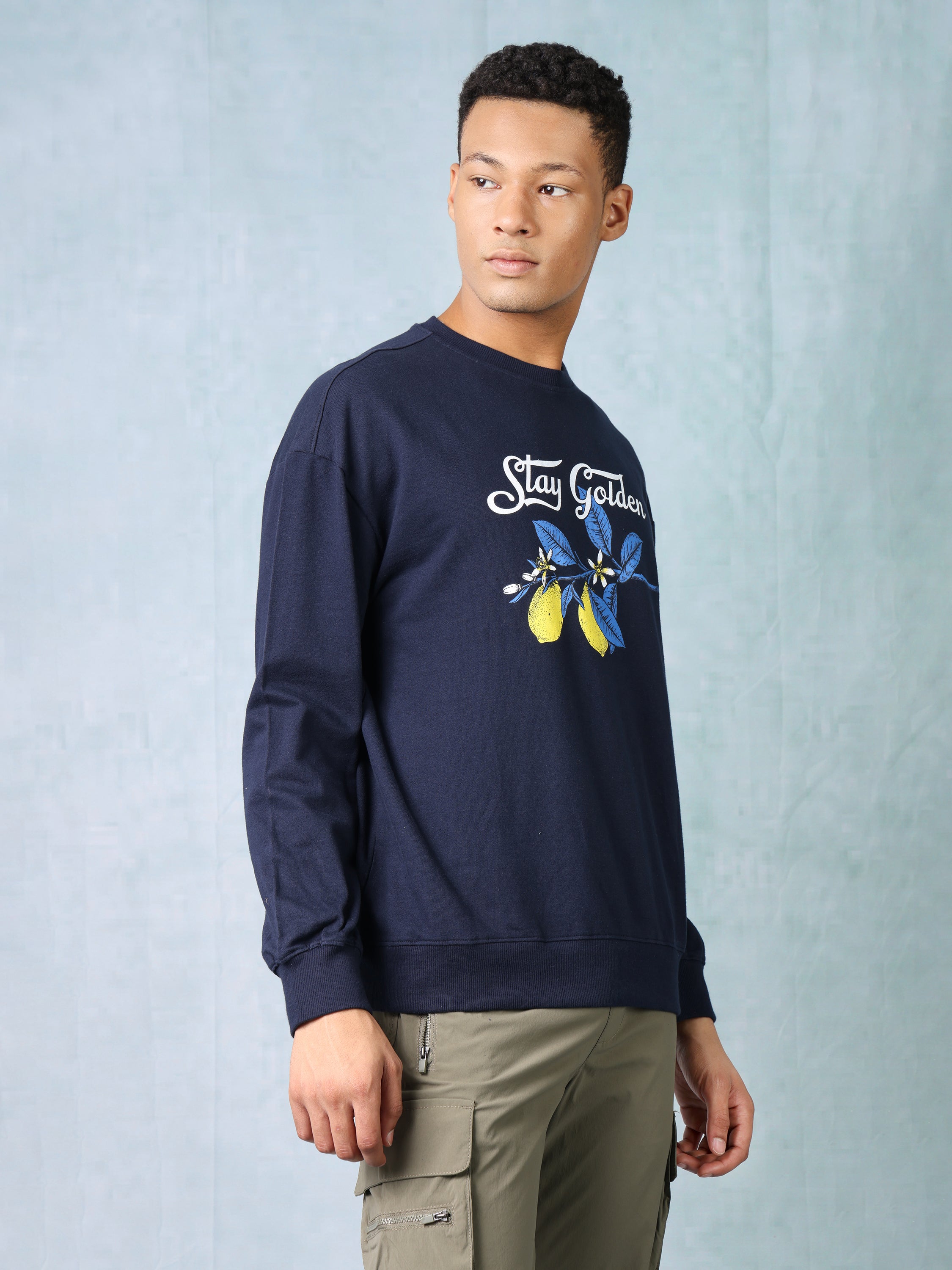 Men Navy Blue Oversized printed sweatshirt