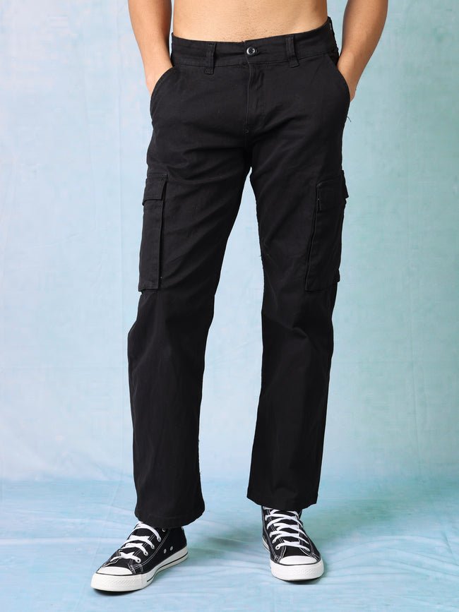 Men Black Regular Fit Cargos Pants