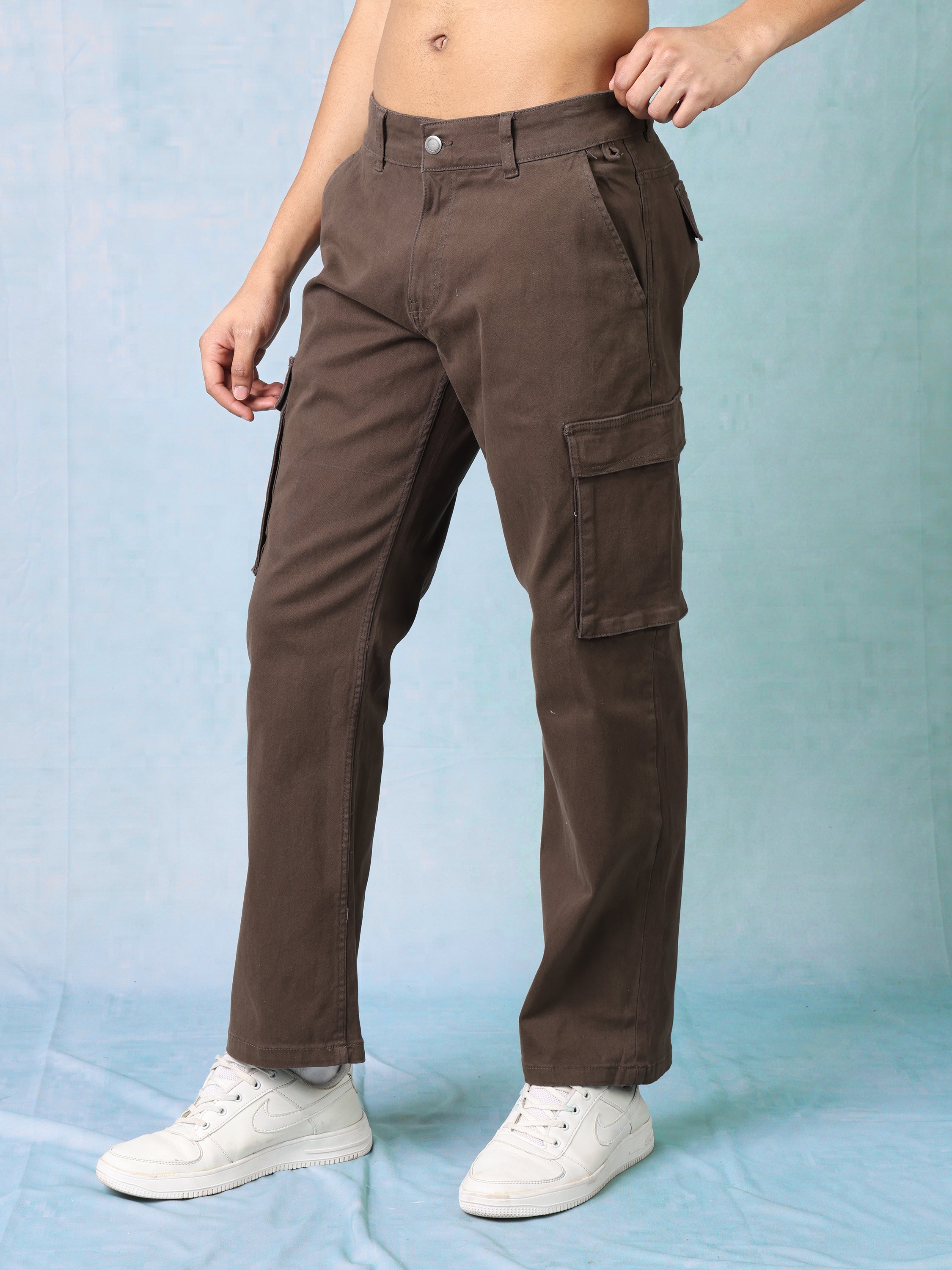 Men Brown Mid Rise Cargo Pants