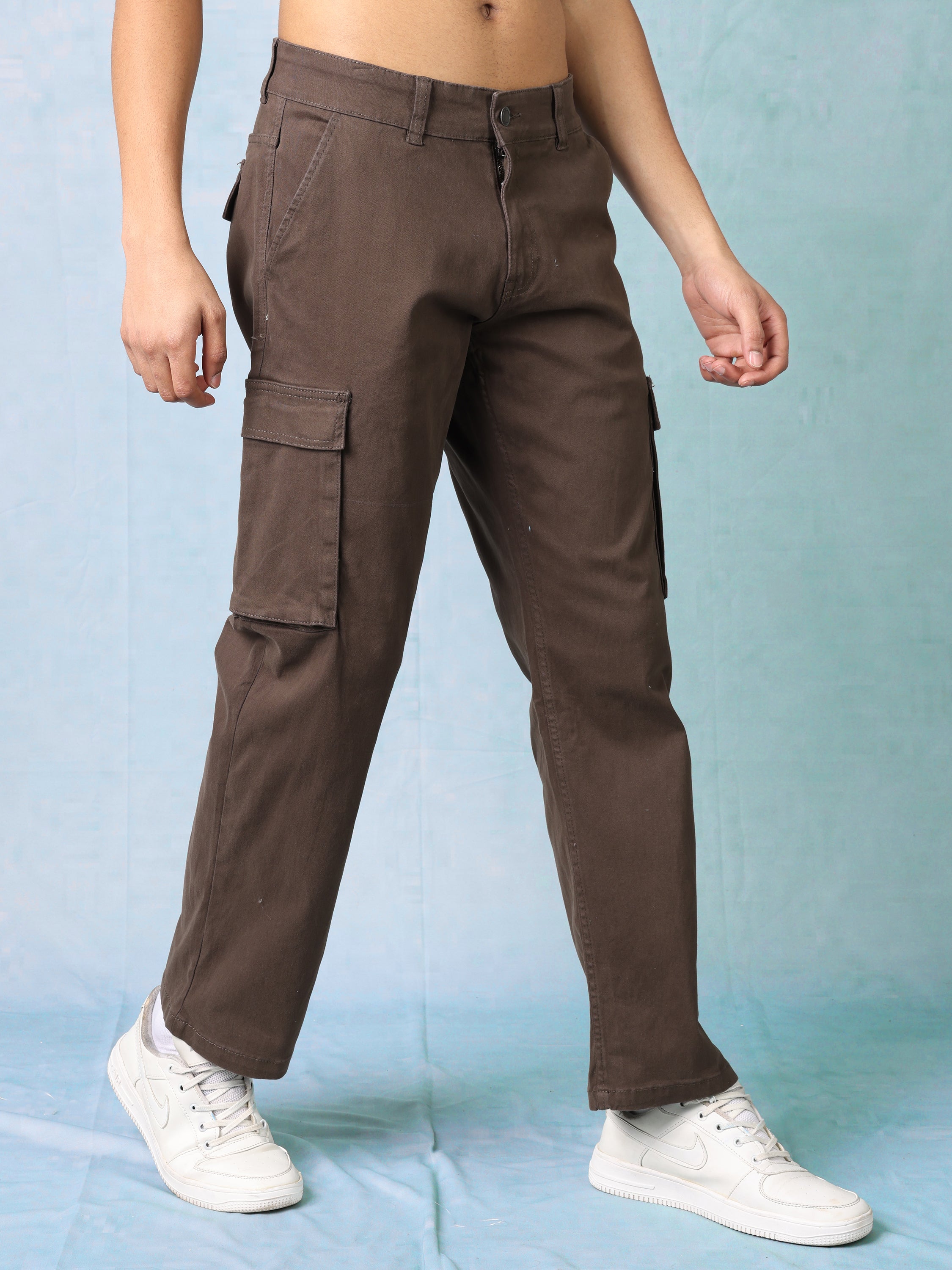 Men Brown Mid Rise Cargo Pants