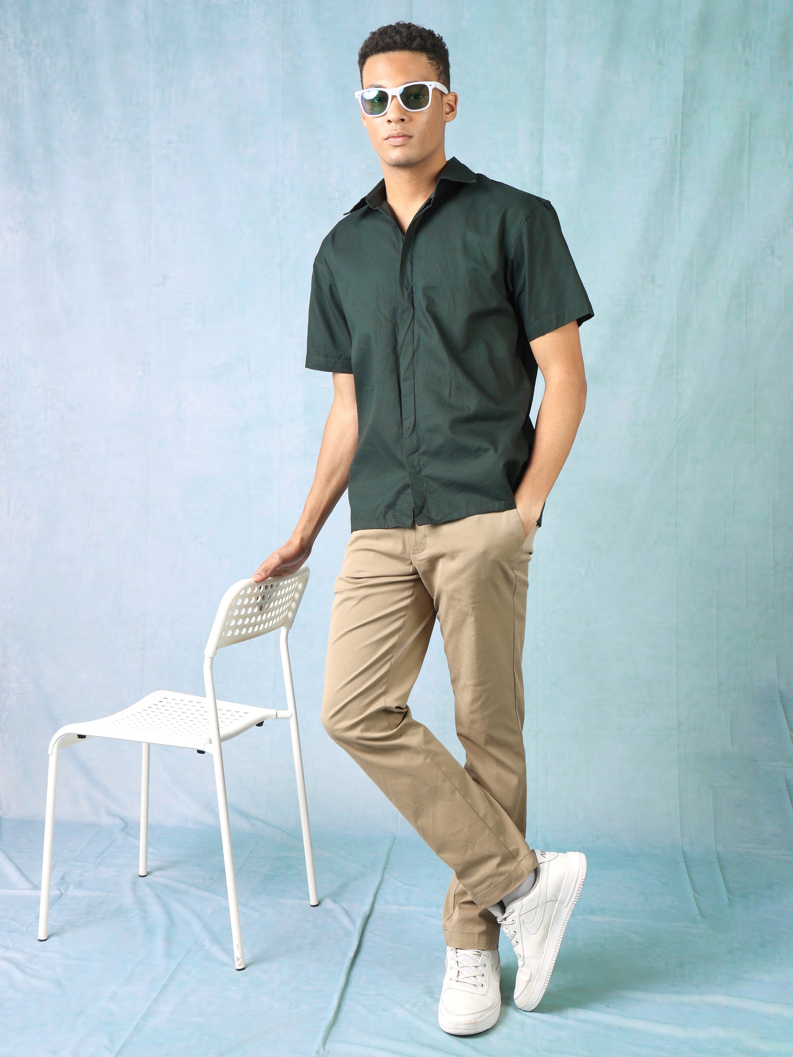 Men Bottle Green Oversized Shirt with concealed front button placket