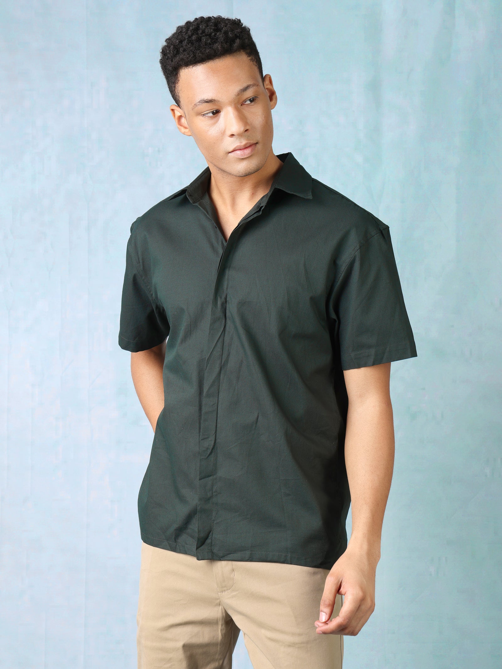 Men Bottle Green Oversized Shirt with concealed front button placket