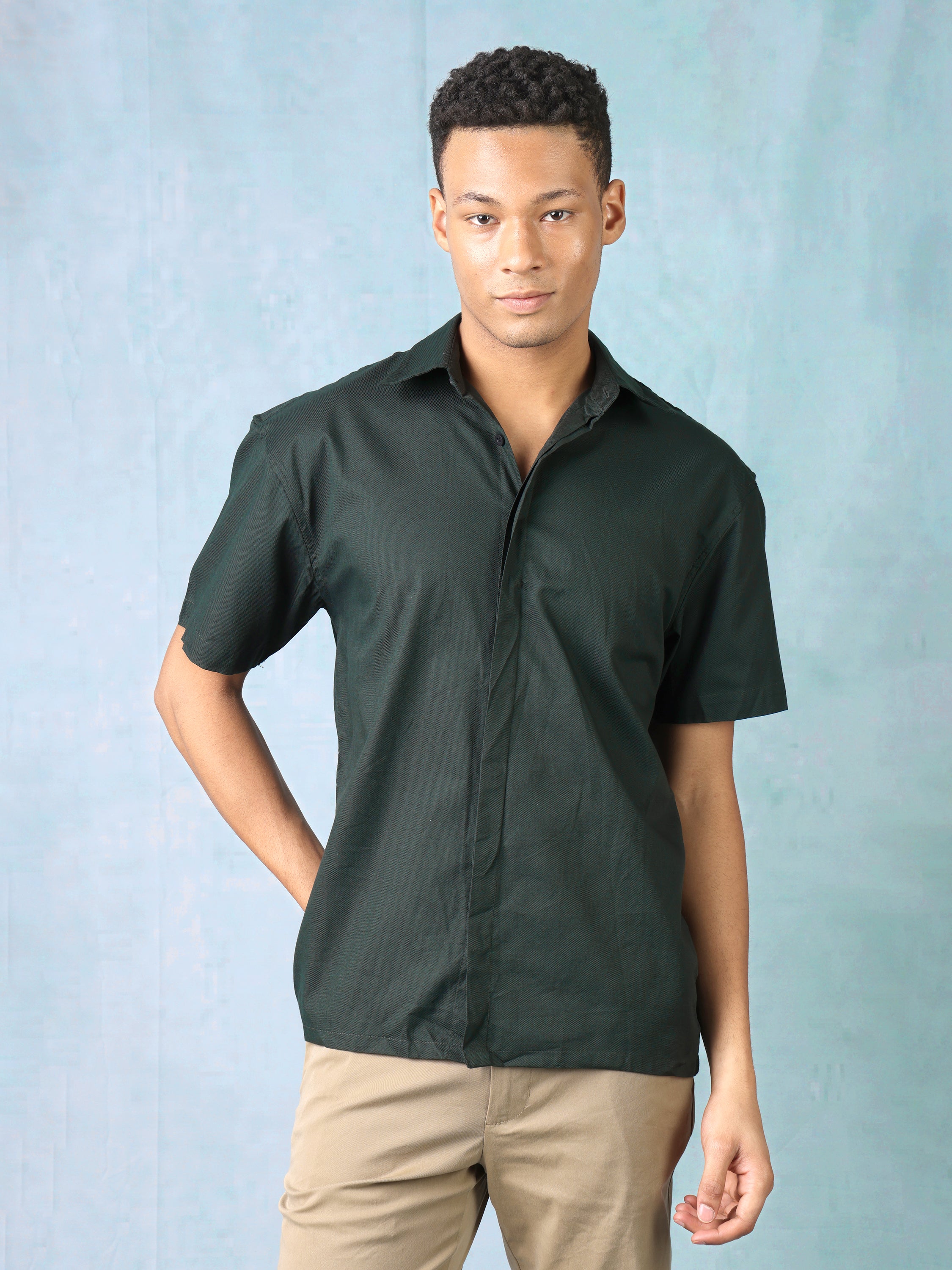 Men Bottle Green Oversized Shirt with concealed front button placket