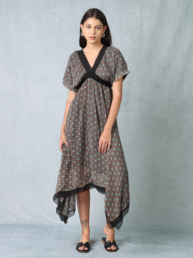 Women Black Printed Flared High Low Hem Dress