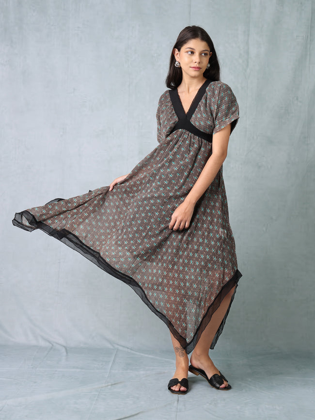 Women Black Printed Flared High Low Hem Dress