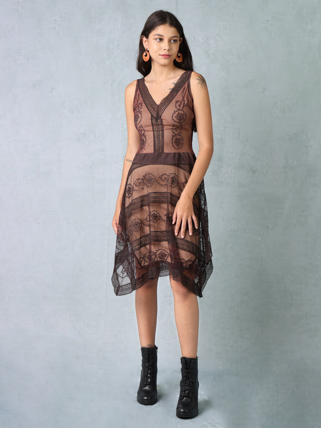 Women Black Peach Embroidered Mesh Dress