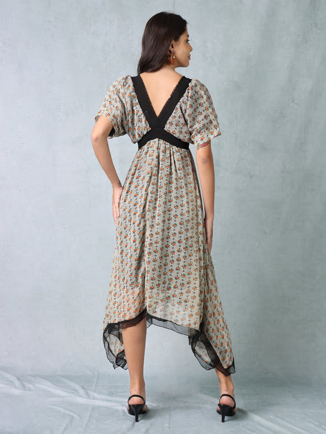 Women Printed Flared High Low Hem Dress