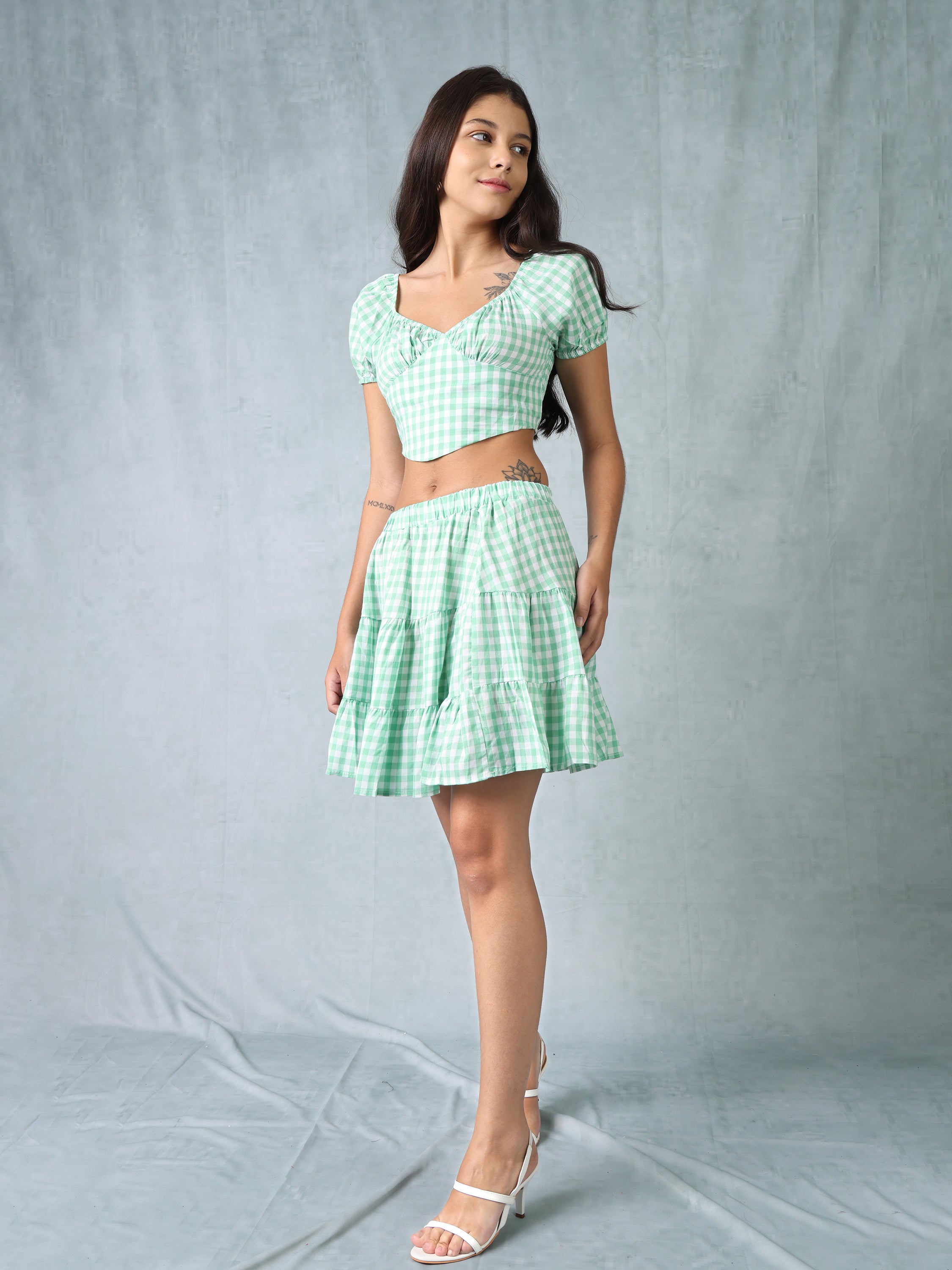 Women Light Green Checkered Co-ord Set