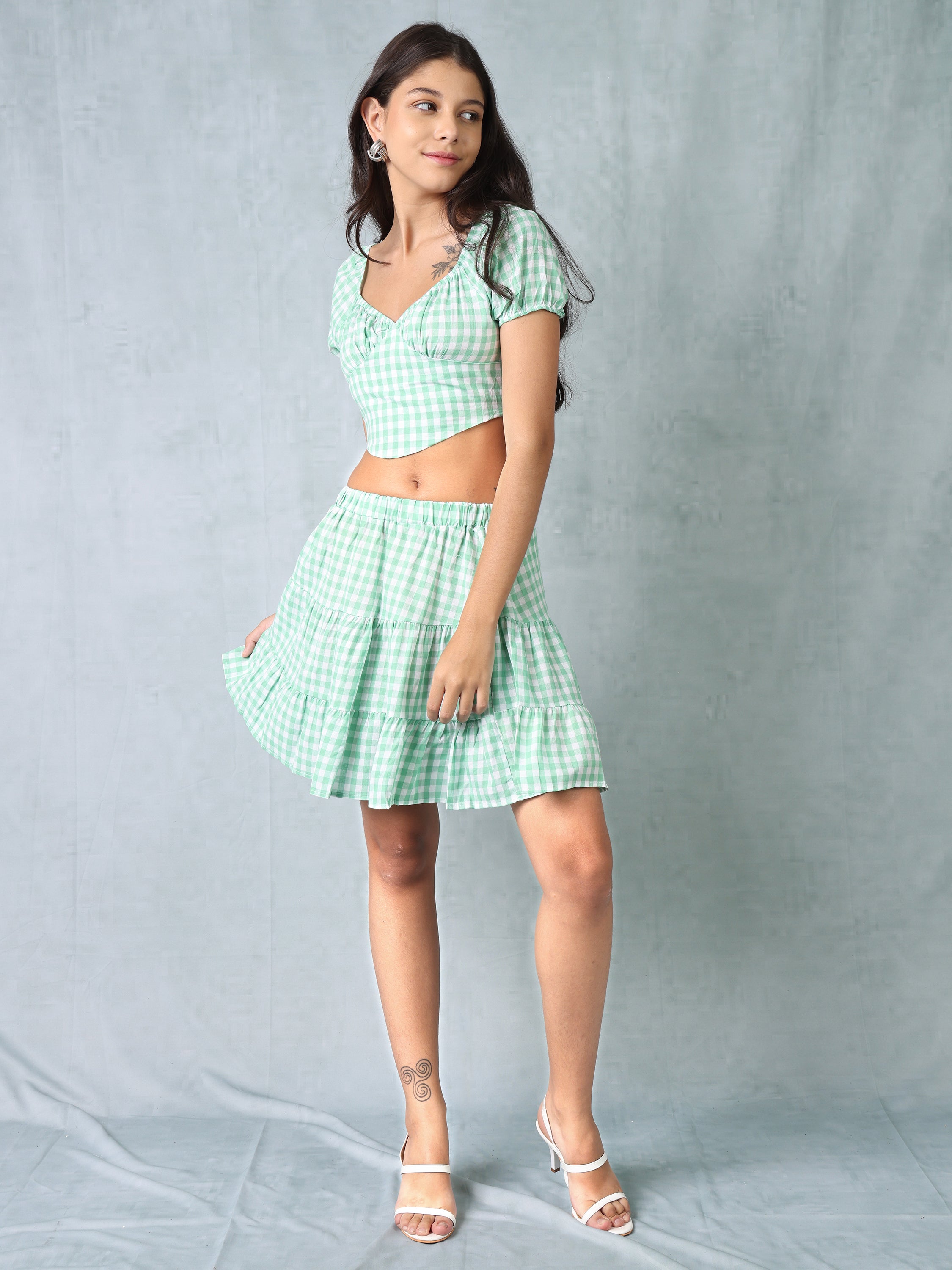 Women Light Green Checkered Co-ord Set