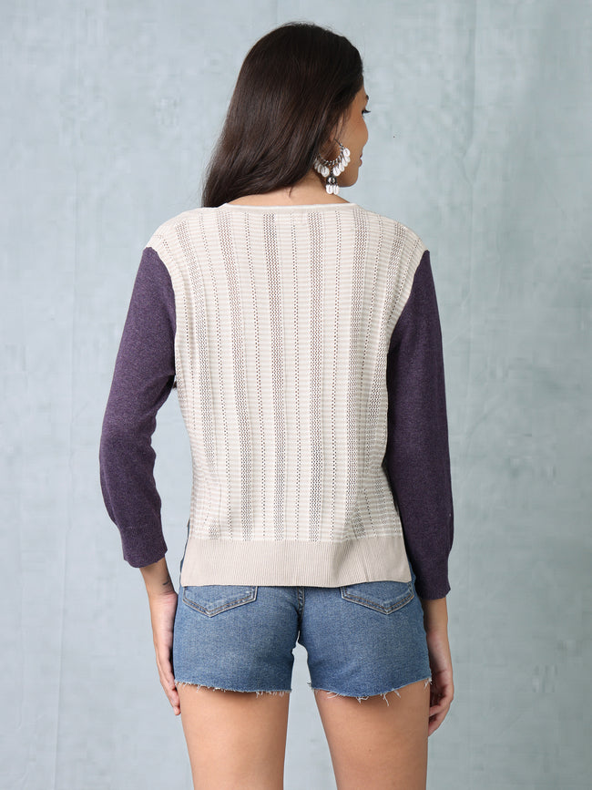 Women Beige & Purple Regular Fit Knitted Top