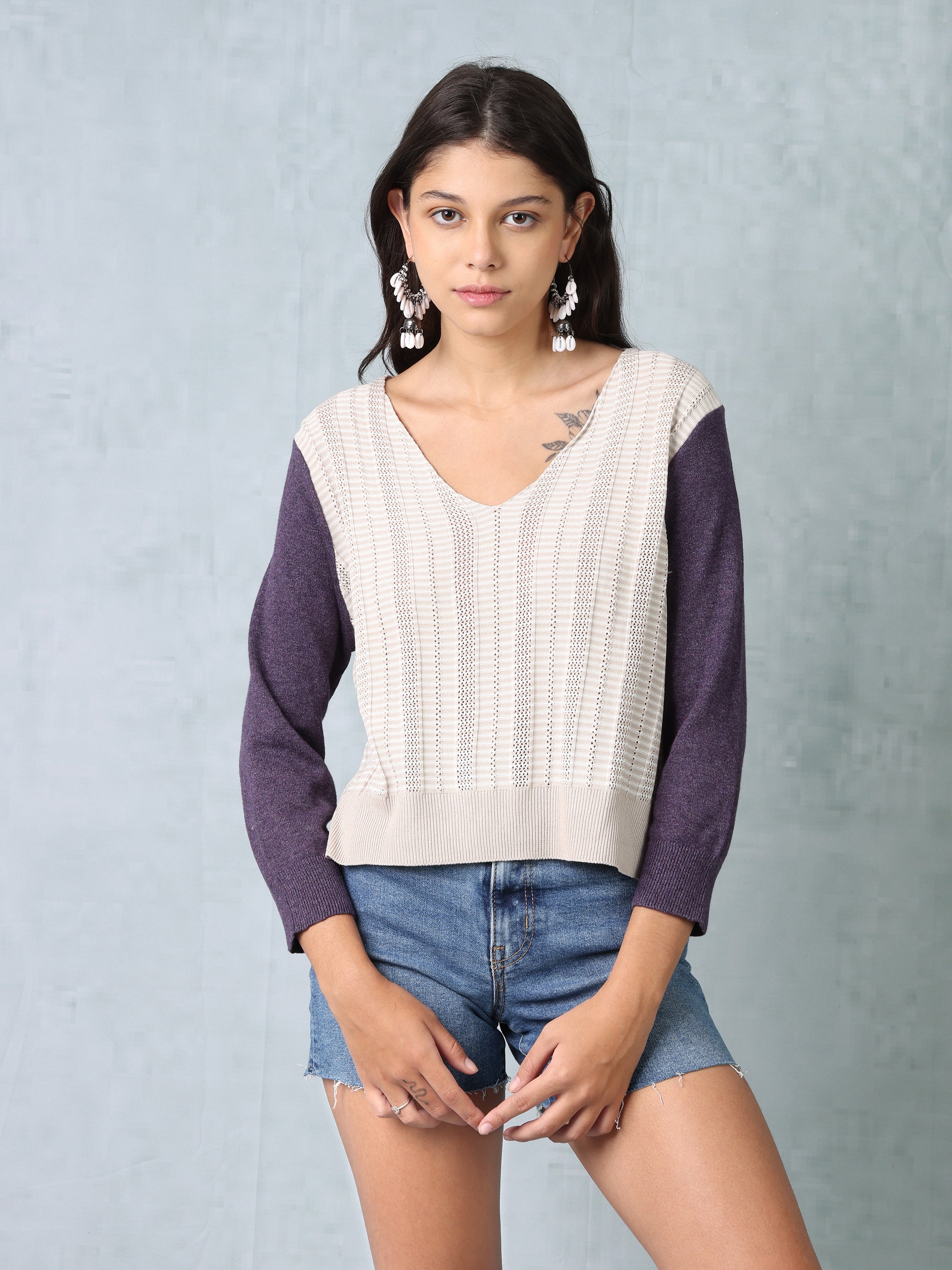 Women Beige & Purple Regular Fit Knitted Top