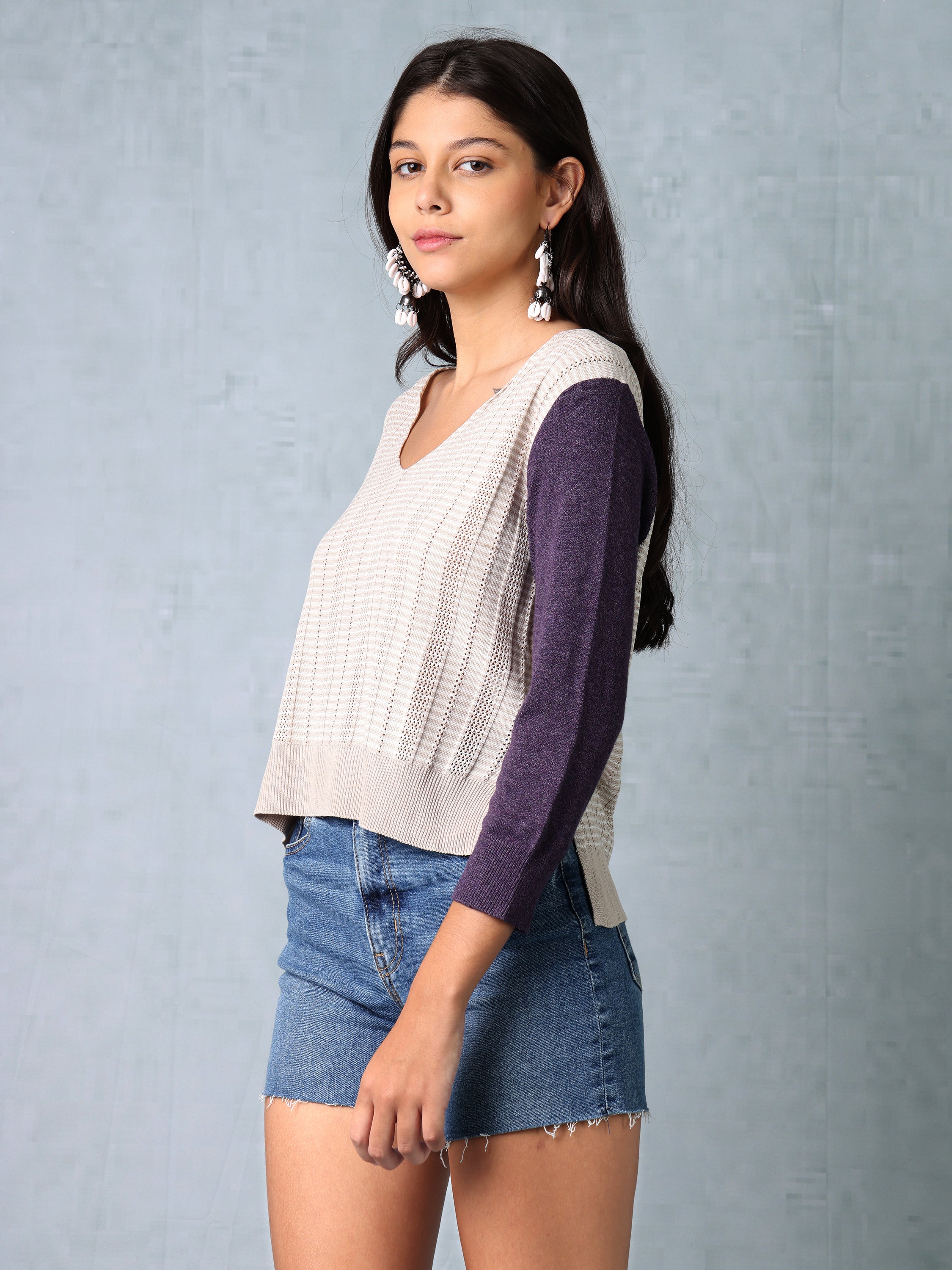 Women Beige & Purple Regular Fit Knitted Top