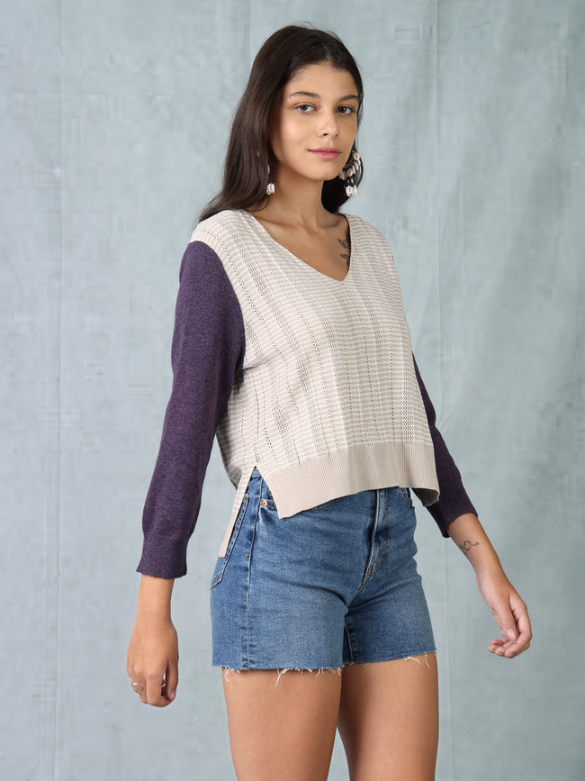 Women Beige & Purple Regular Fit Knitted Top