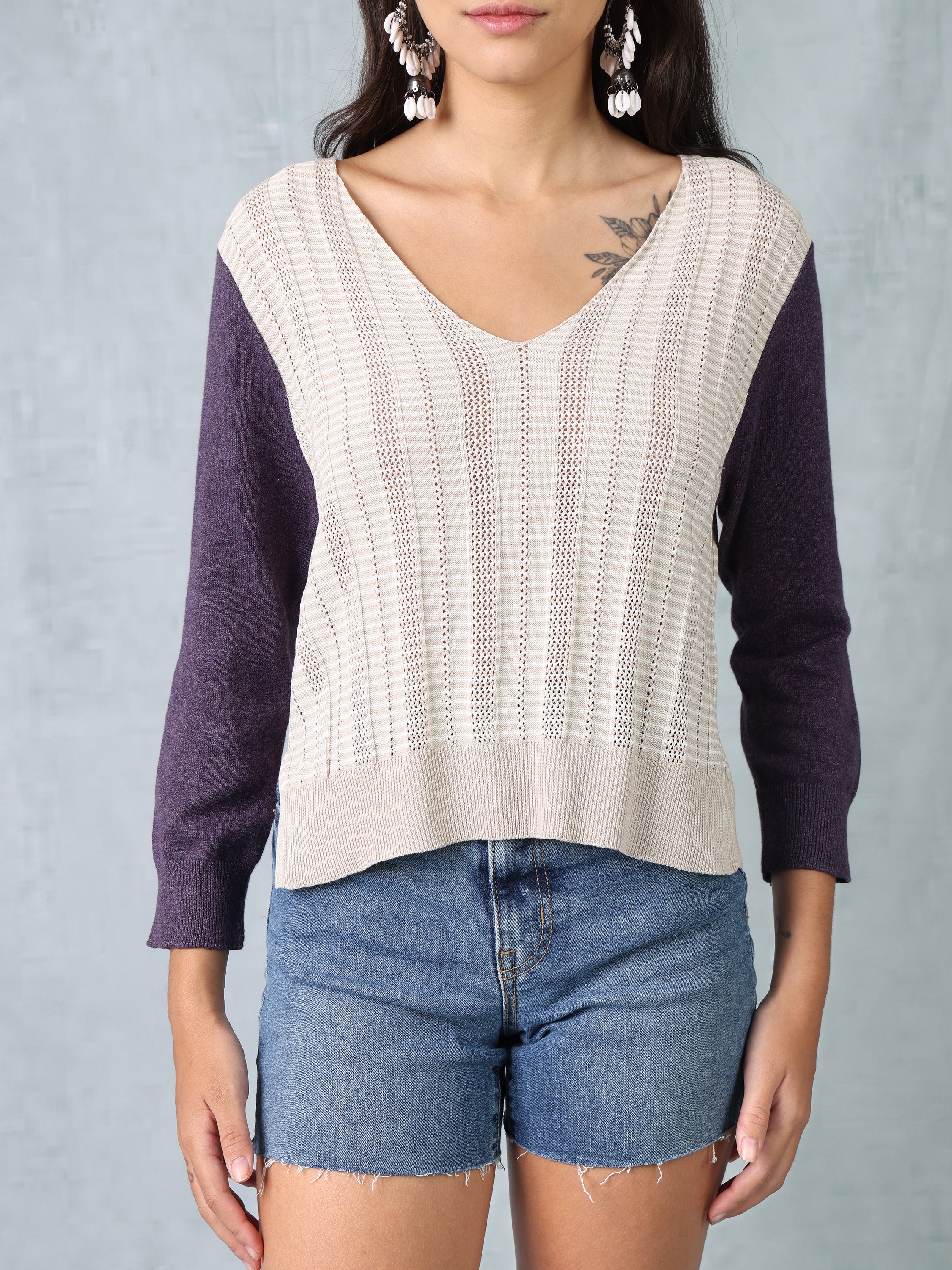 Women Beige & Purple Regular Fit Knitted Top