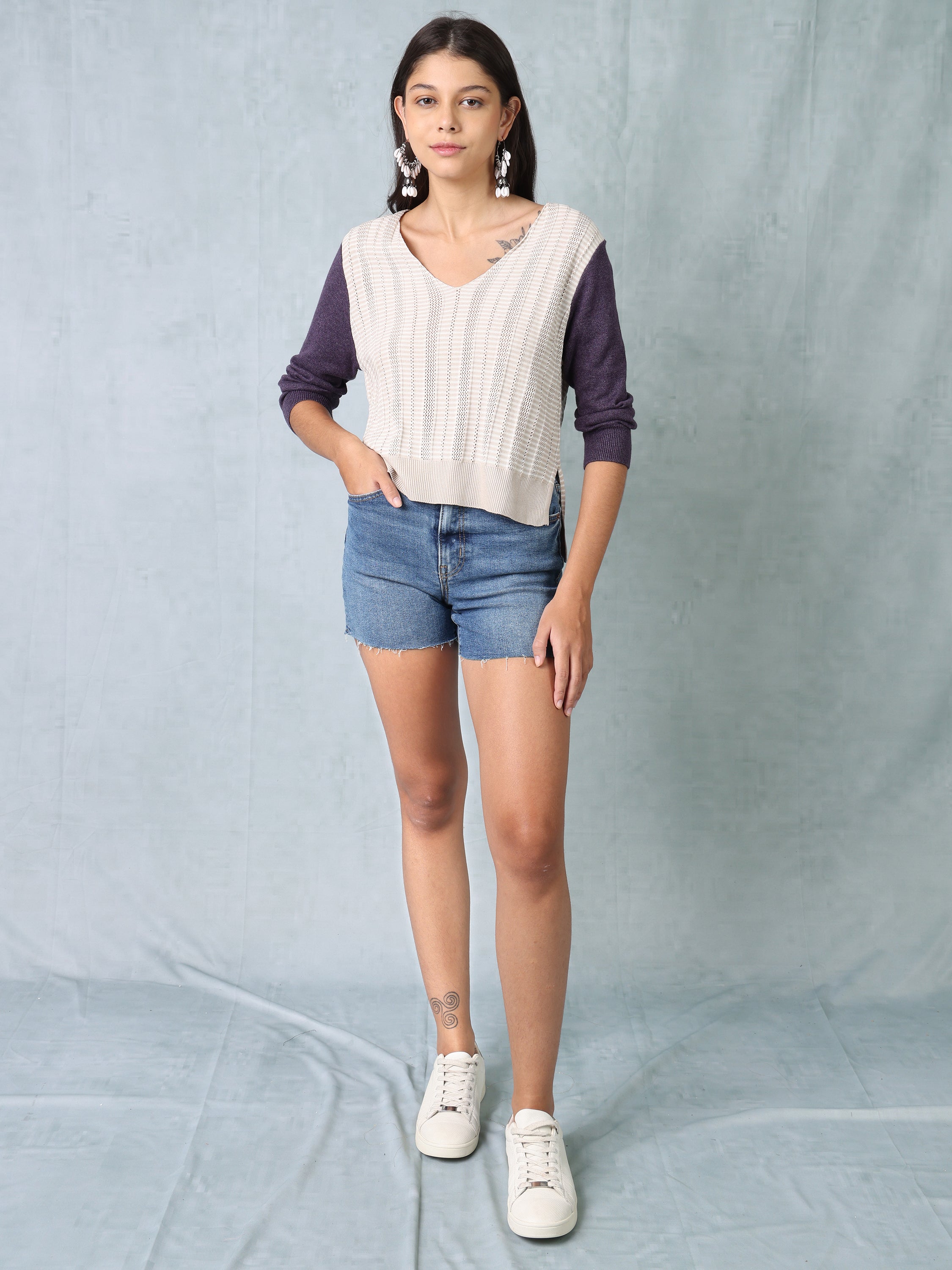 Women Beige & Purple Regular Fit Knitted Top