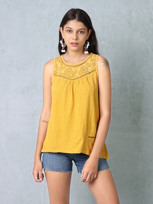Women Yellow Schiffli Top