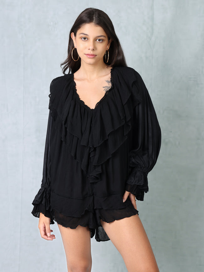 Women Black Frill Neck Comfort Fit Romper