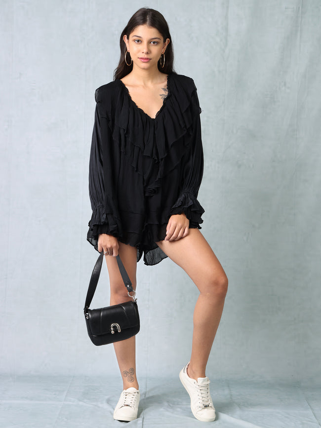 Women Black Frill Neck Comfort Fit Romper