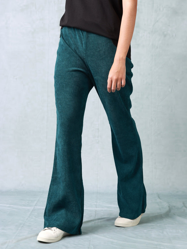 Women Green Corduroy Bootcut Trouser