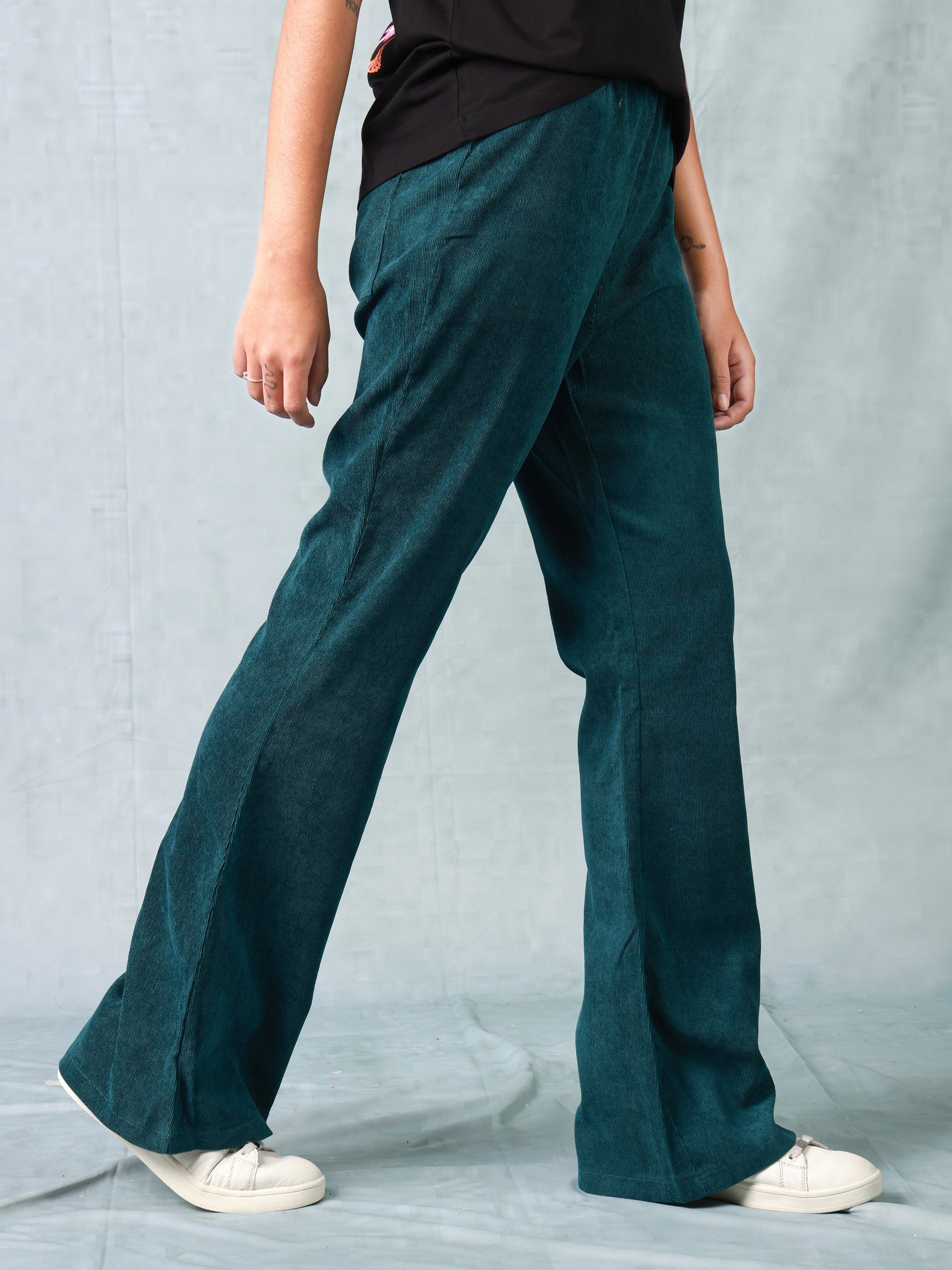 Women Green Corduroy Bootcut Trouser