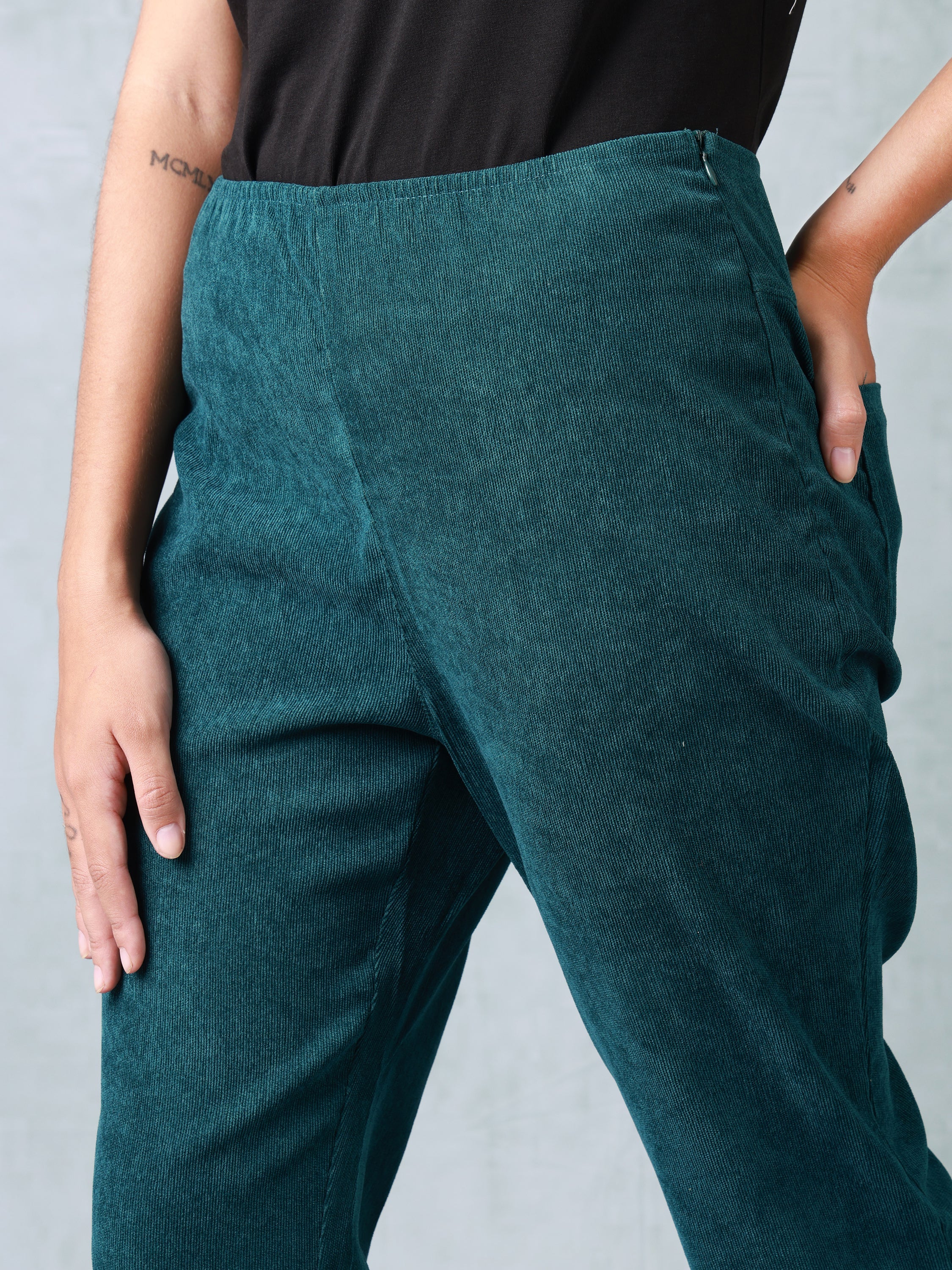 Women Green Corduroy Bootcut Trouser