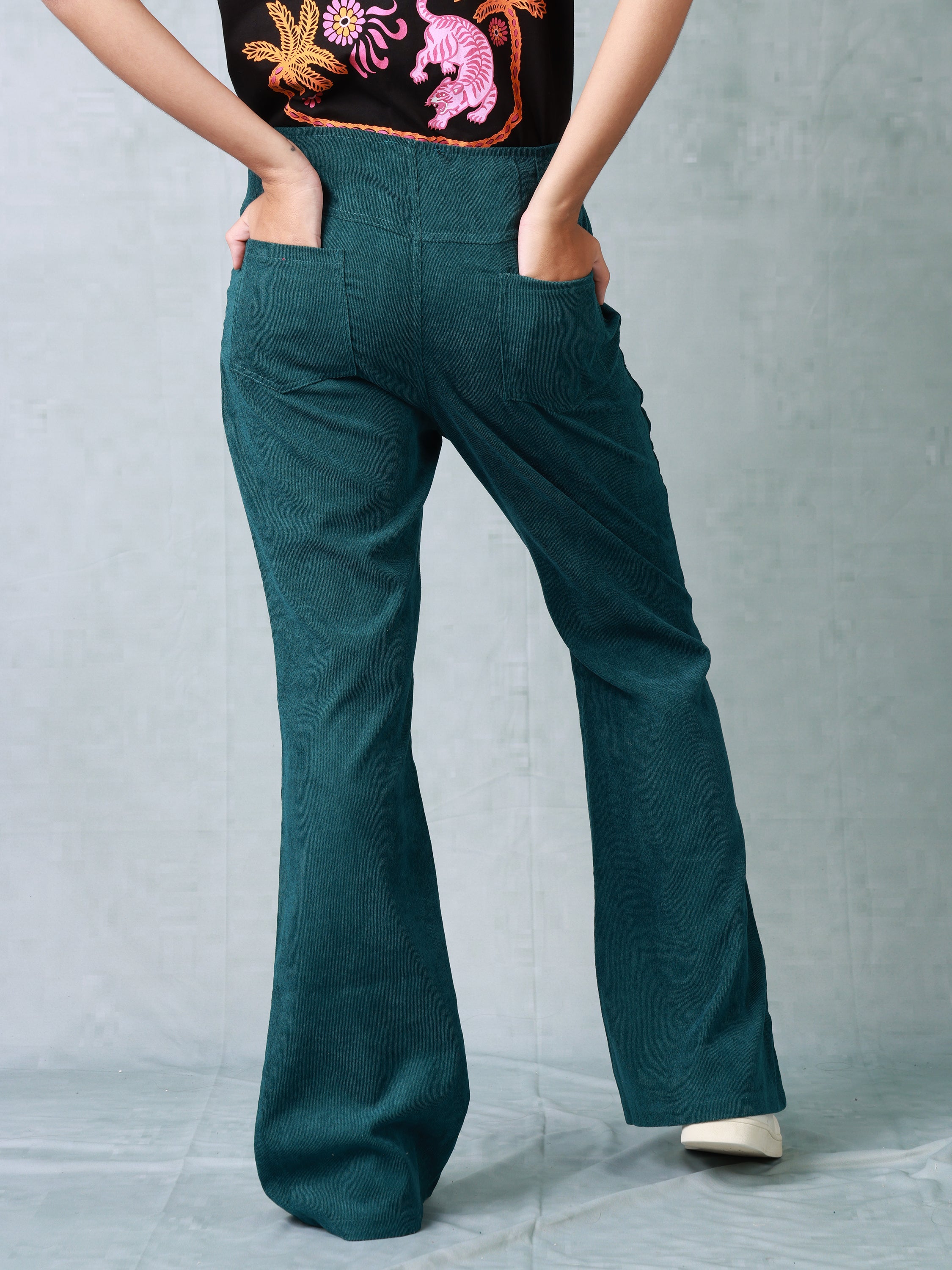 Women Green Corduroy Bootcut Trouser