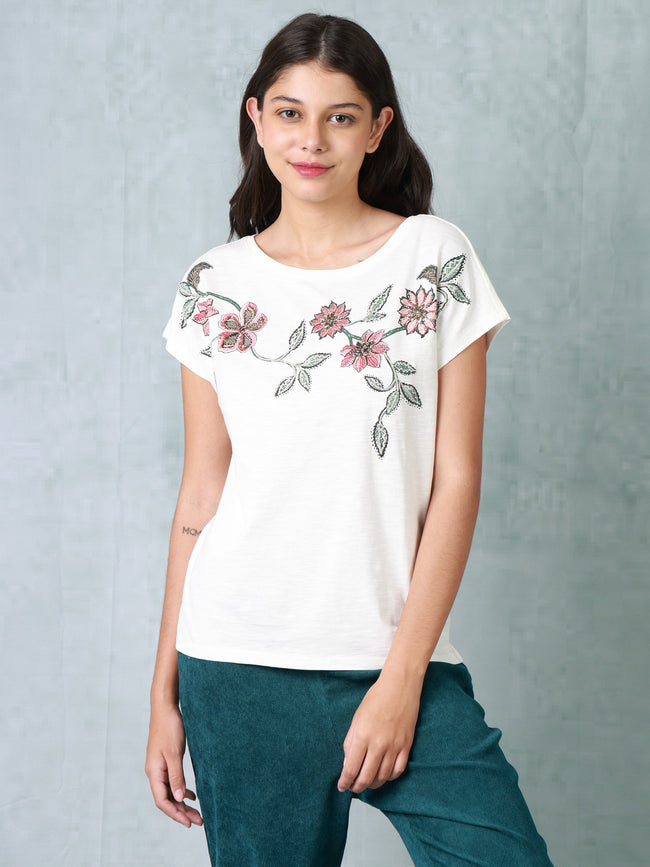Women White Floral Printed Organic Cotton T-shirt