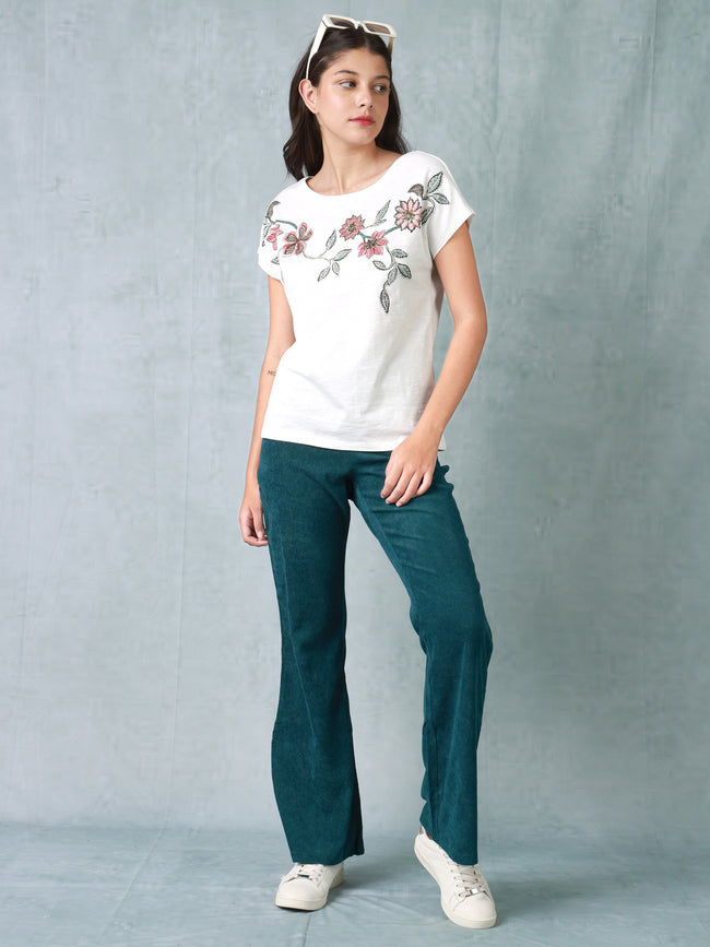 Women White Floral Printed Organic Cotton T-shirt