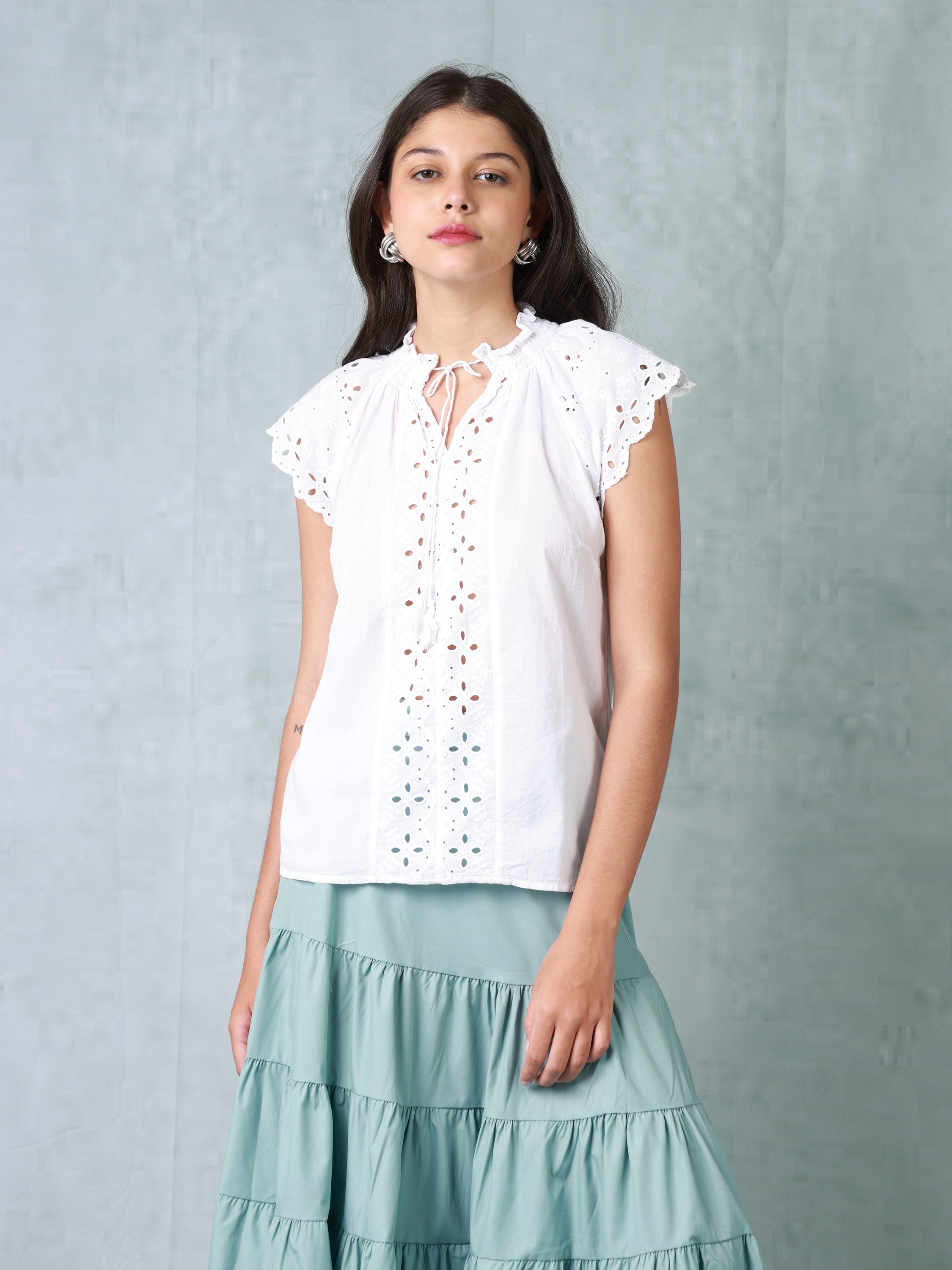 Women White Schiffli Top