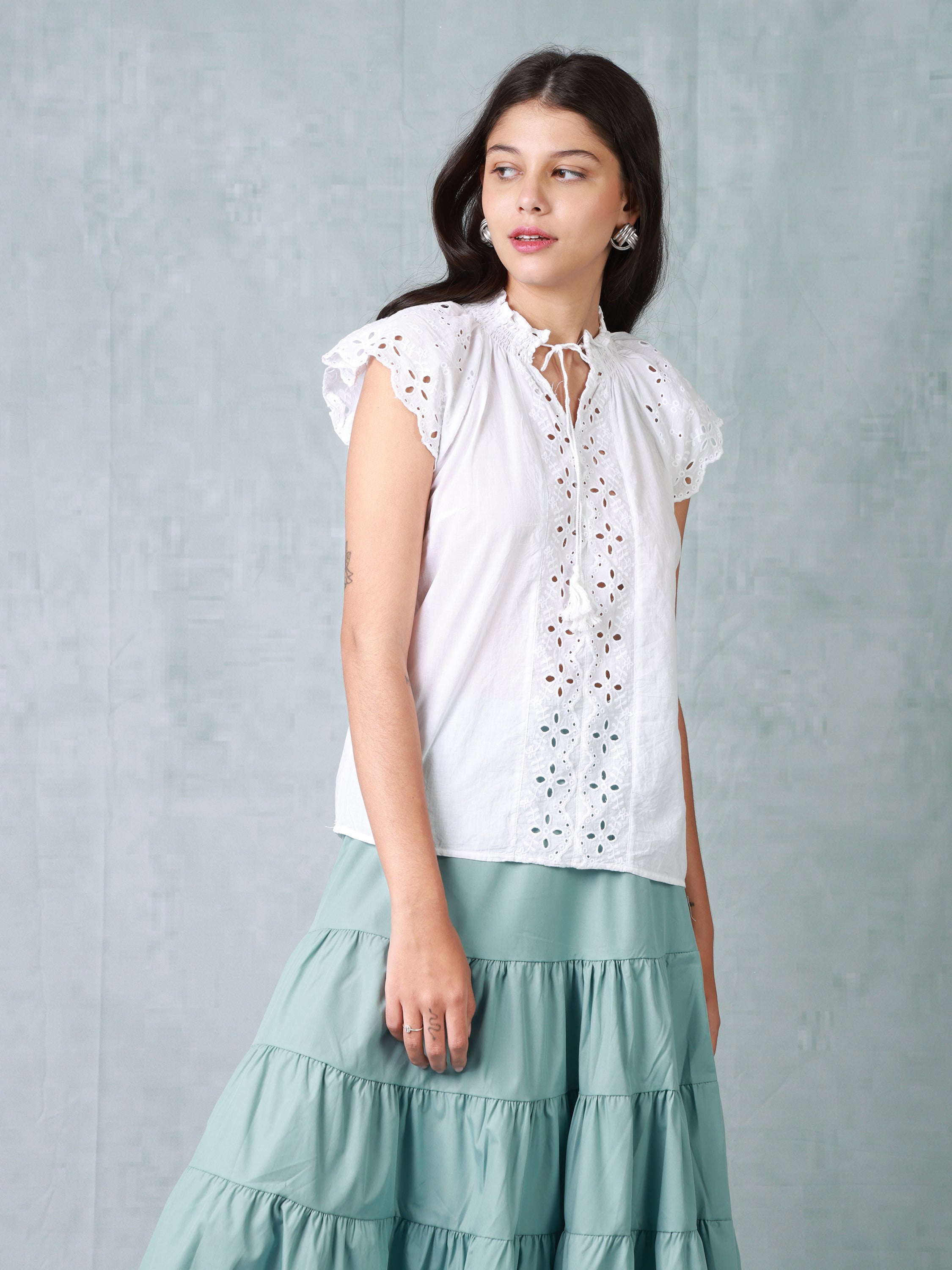 Women White Schiffli Top