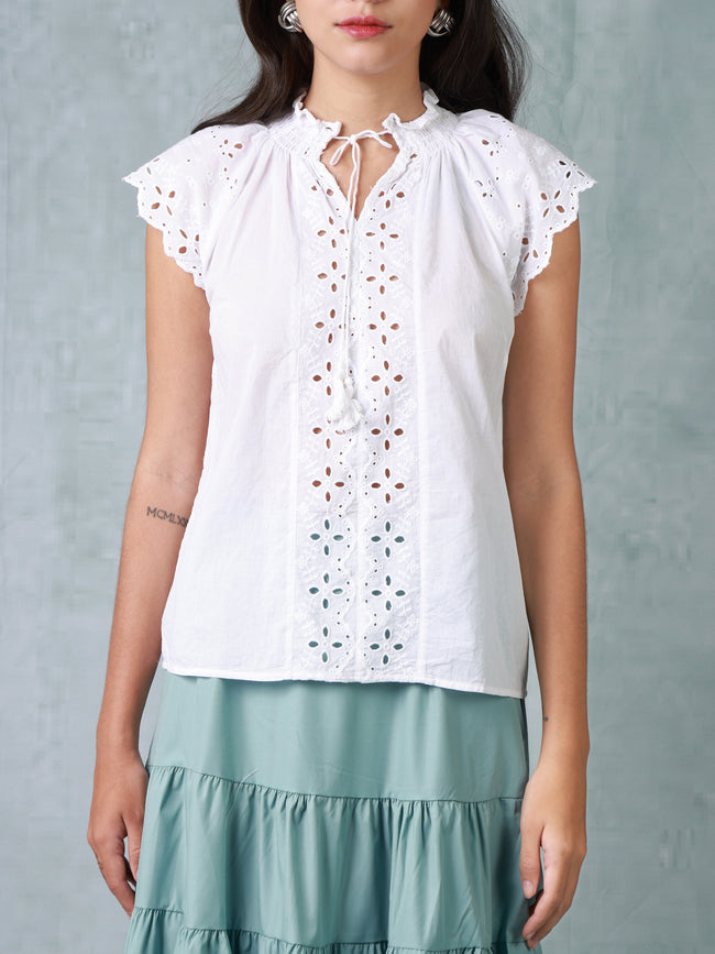 Women White Schiffli Top