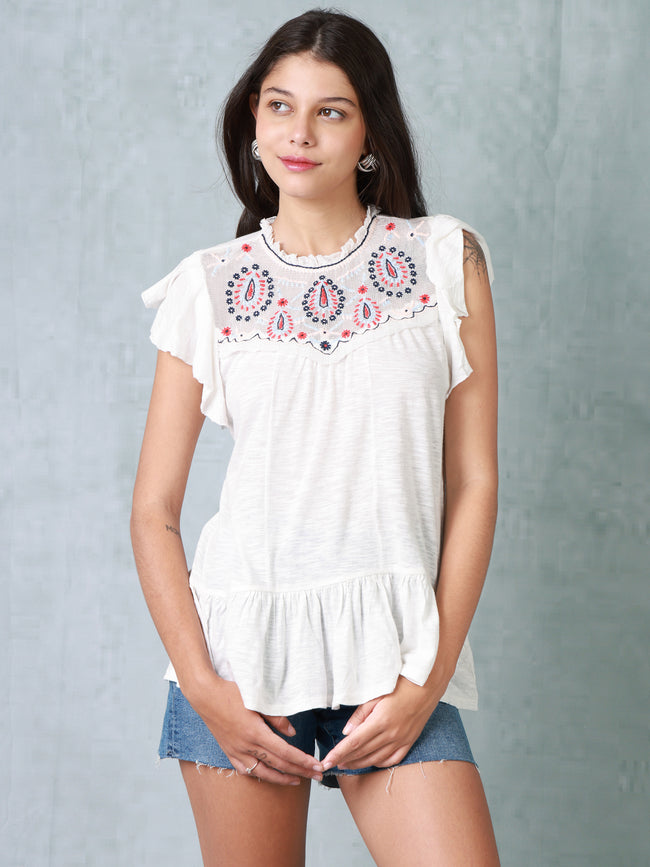 Women White & Red Embroidered Top