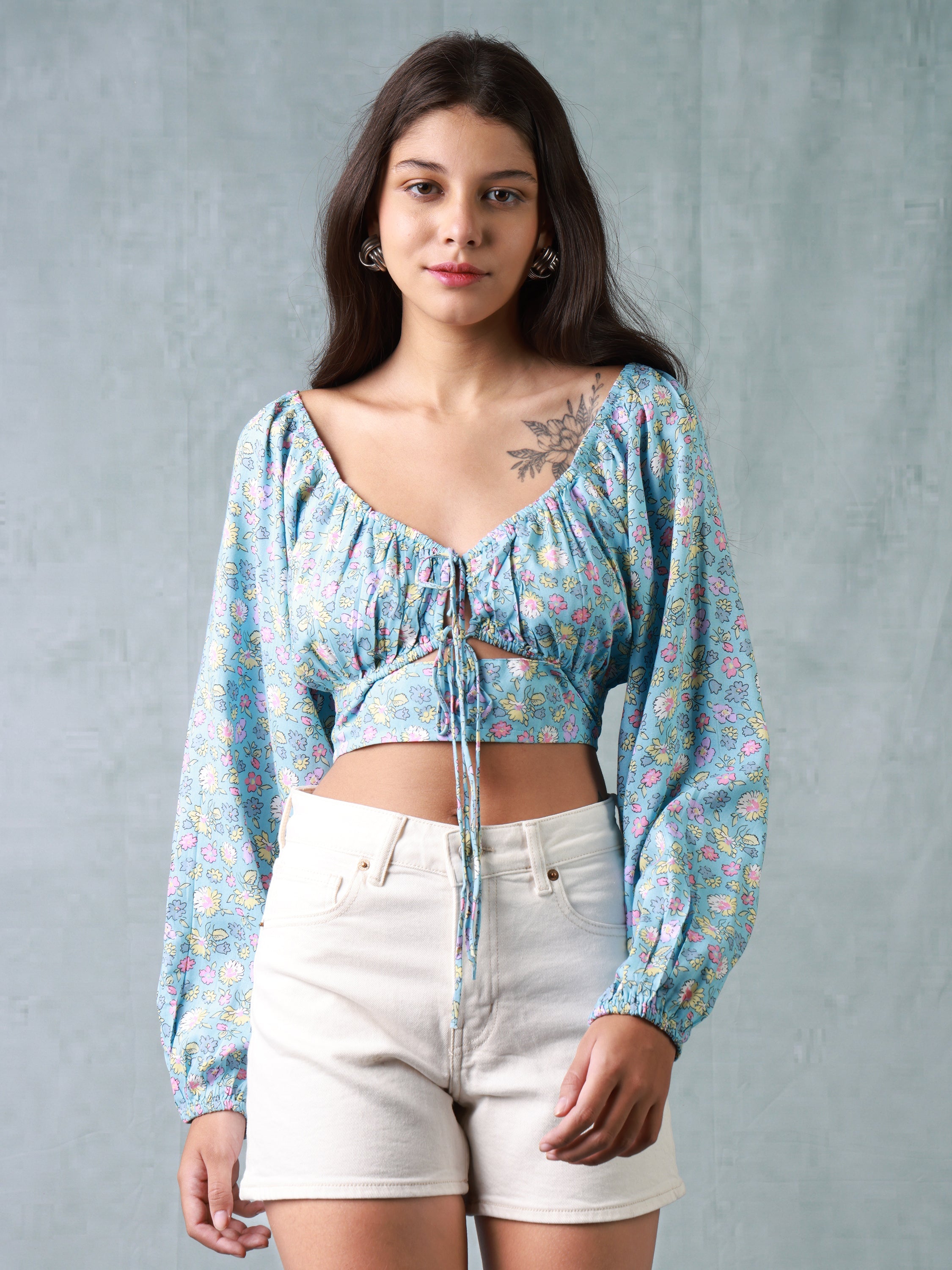 Women Multi Colored Front Tie Crop Top