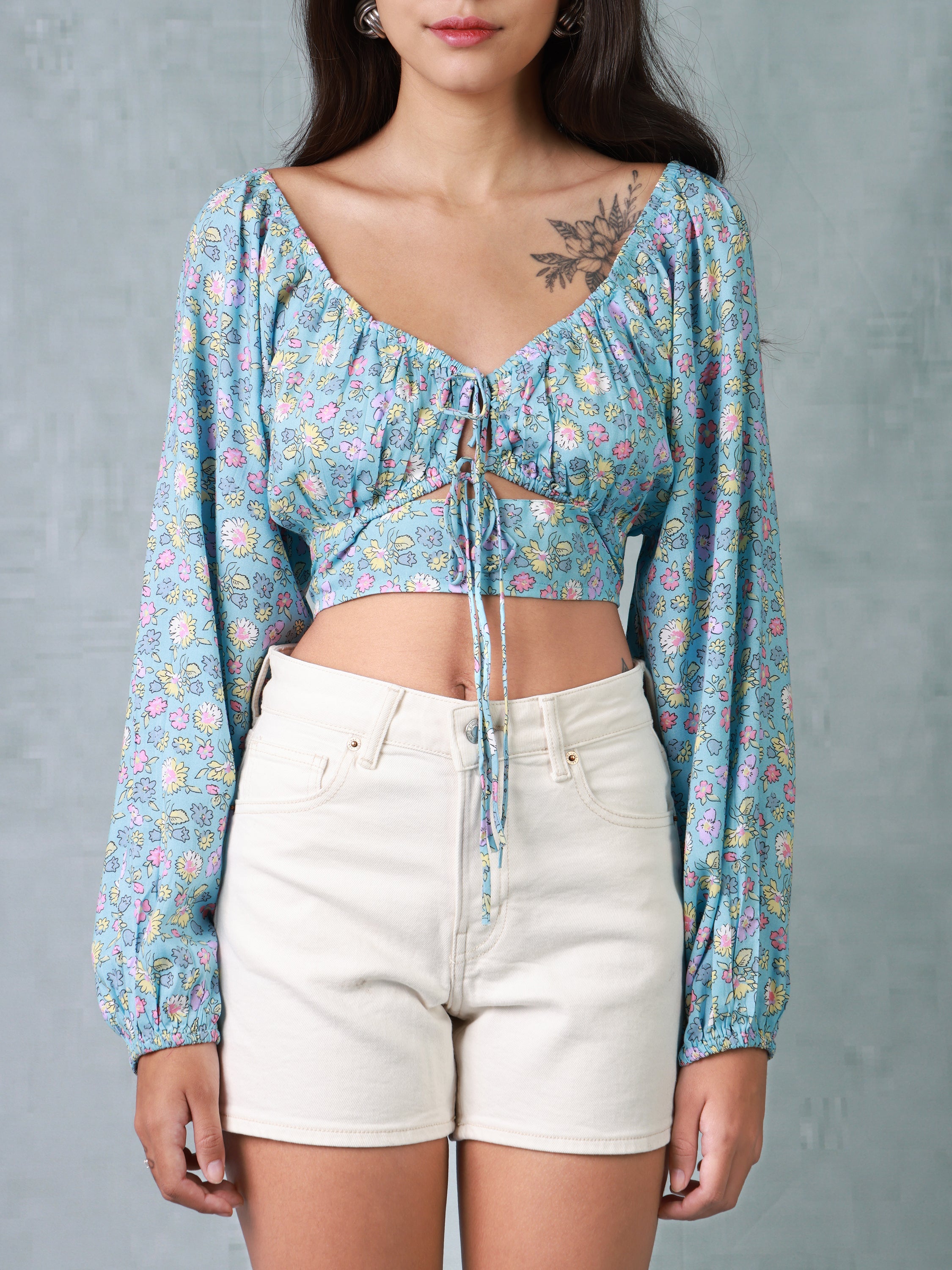 Women Multi Colored Front Tie Crop Top