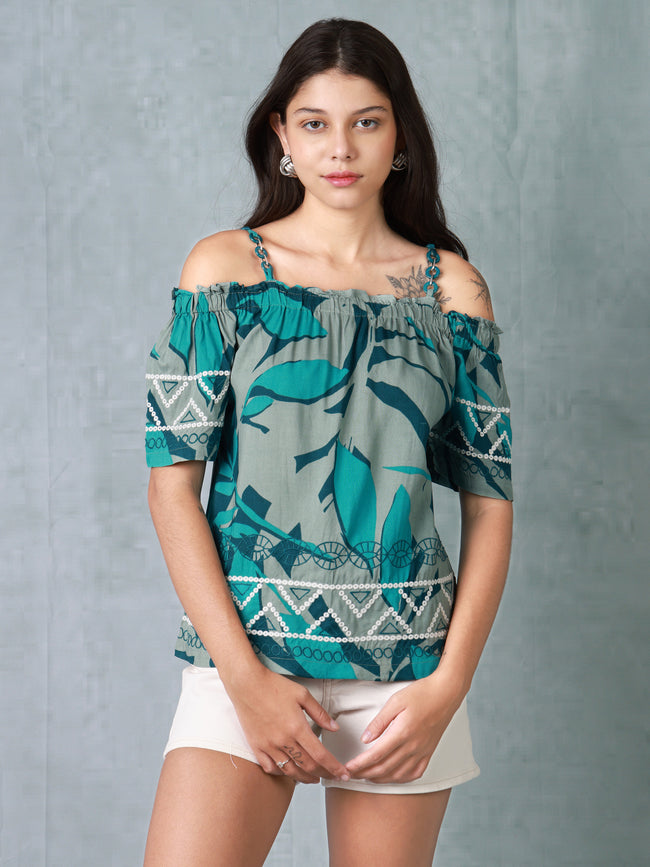 Women Blue Printed Cold Shoulder Top
