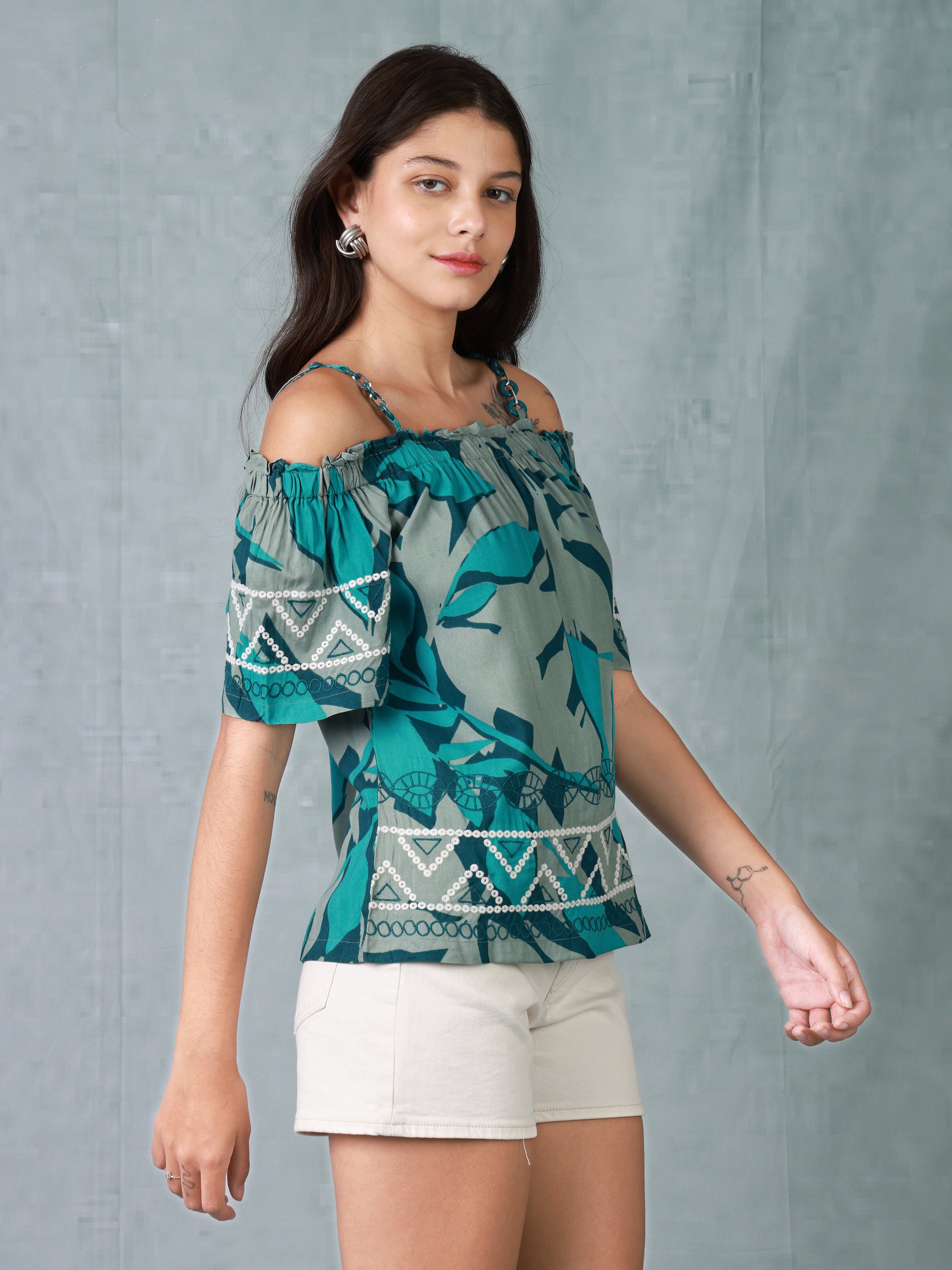 Women Blue Printed Cold Shoulder Top