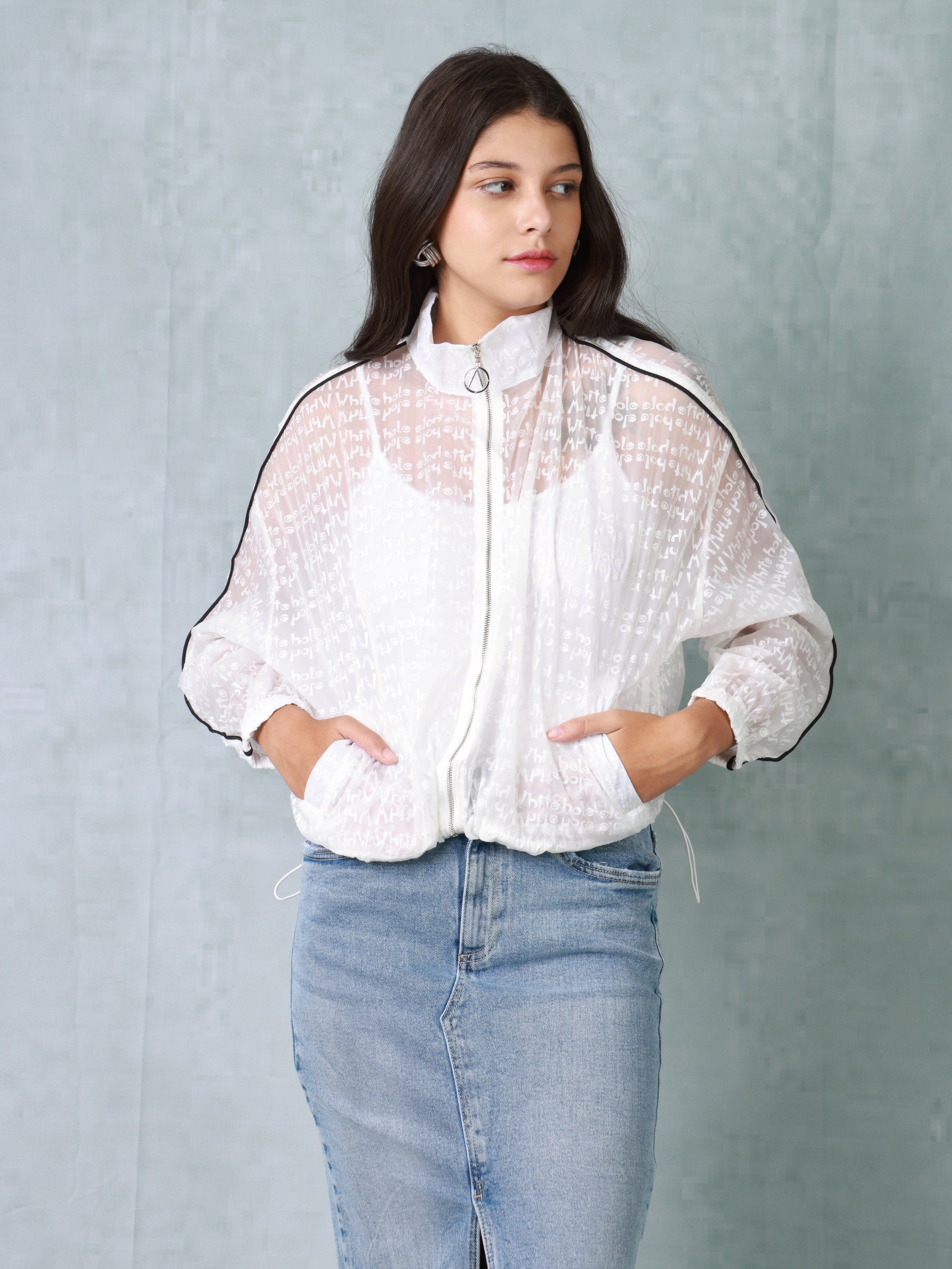 Women White Printed Parachute Jacket