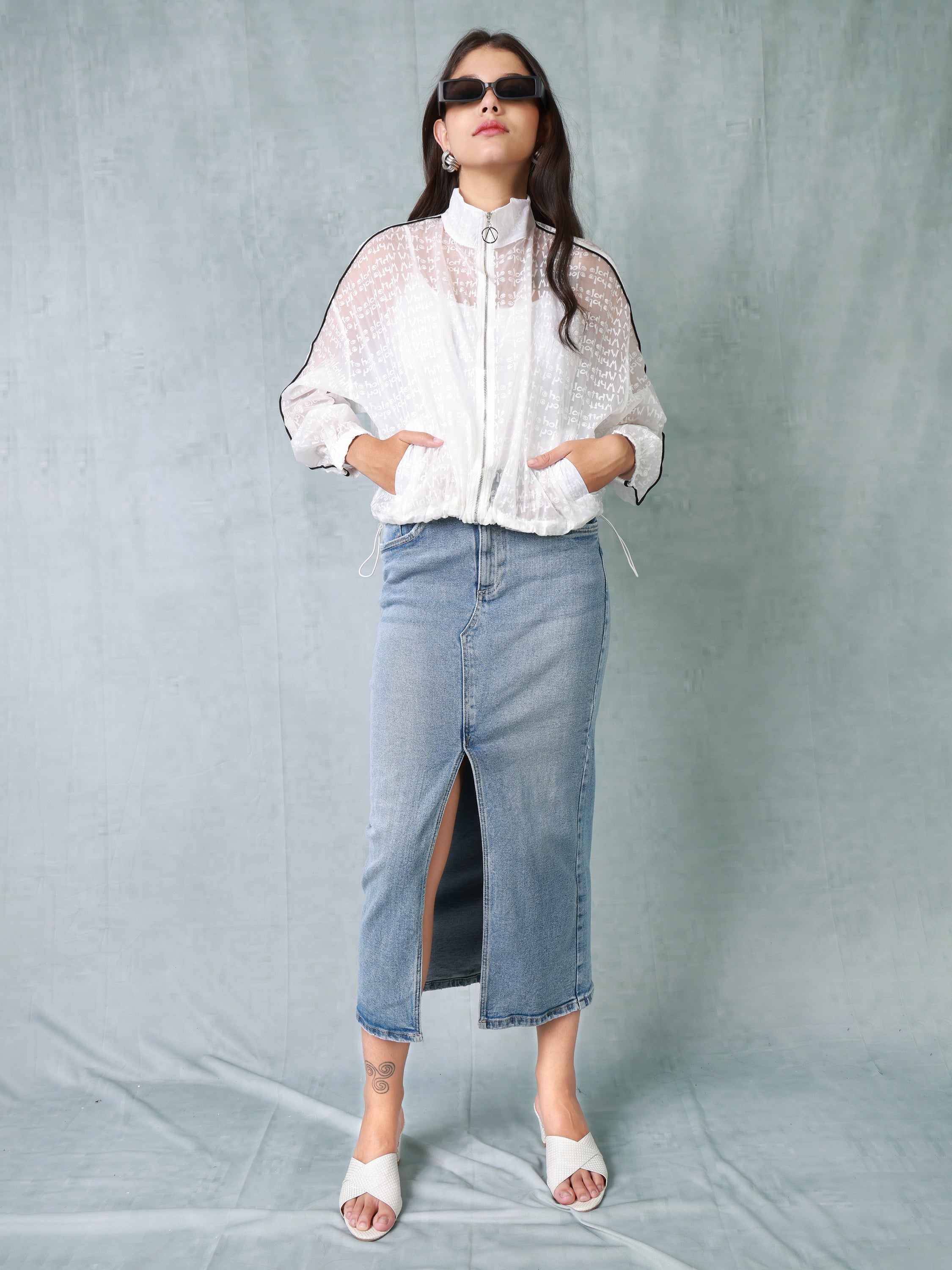 Women White Printed Parachute Jacket