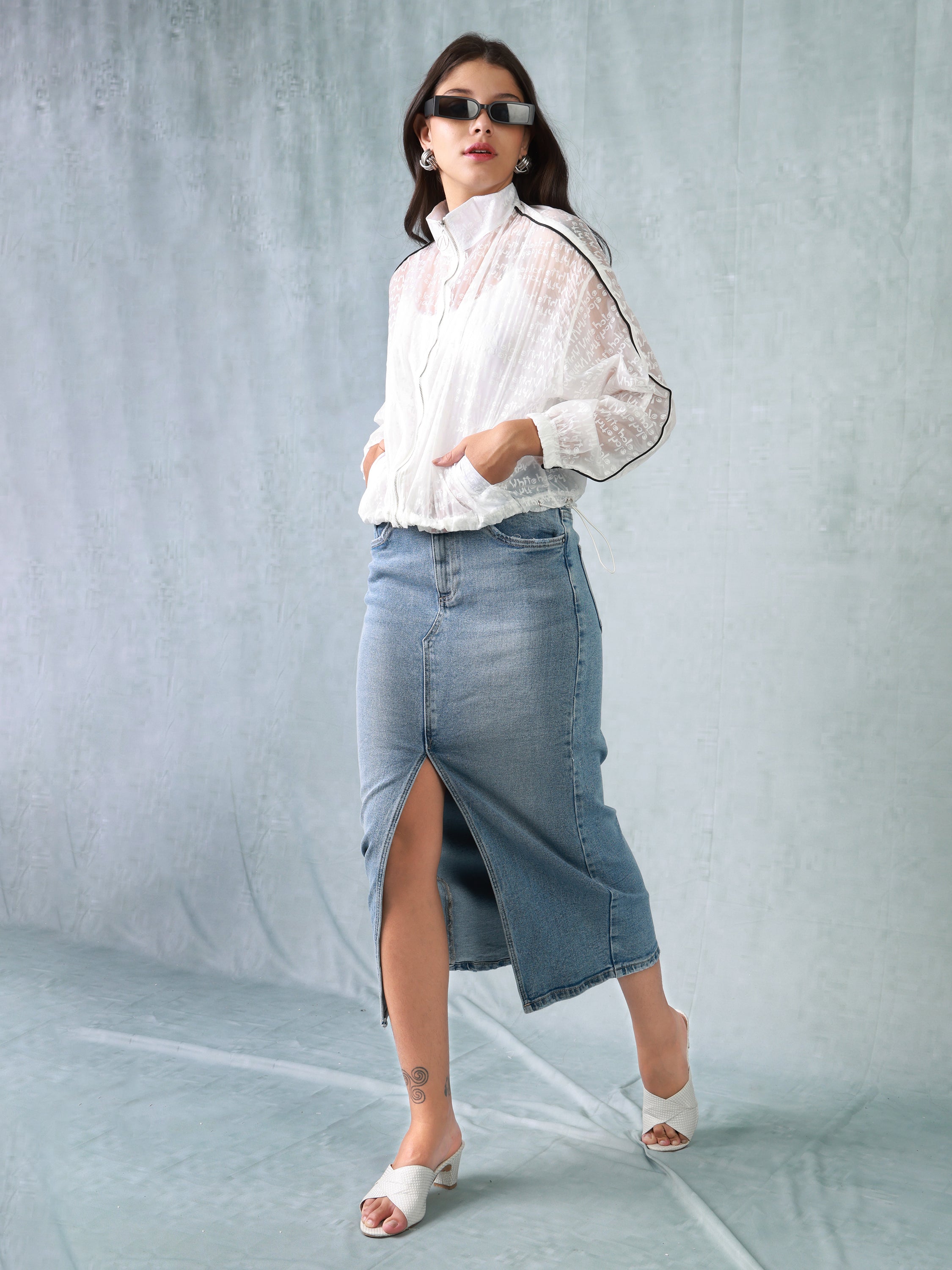 Women White Printed Parachute Jacket