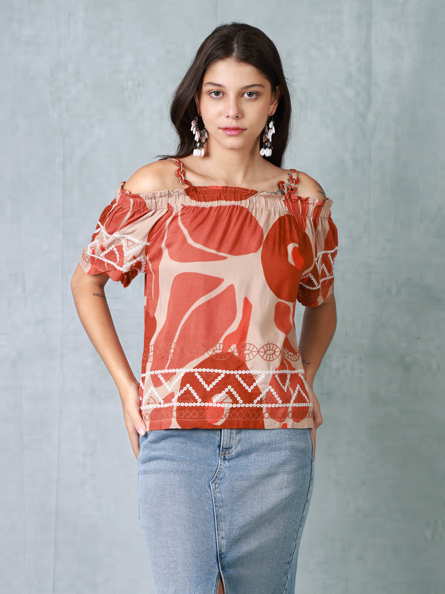 Women Orange Printed Cold Shoulder Top